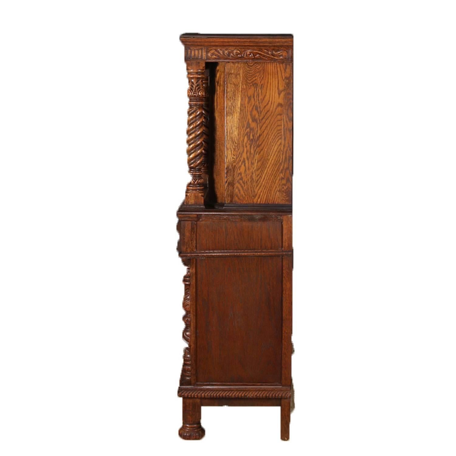 Antique Jacobean Heavily Carved Oak and Burl Step Back Cupboard, circa 1930 5