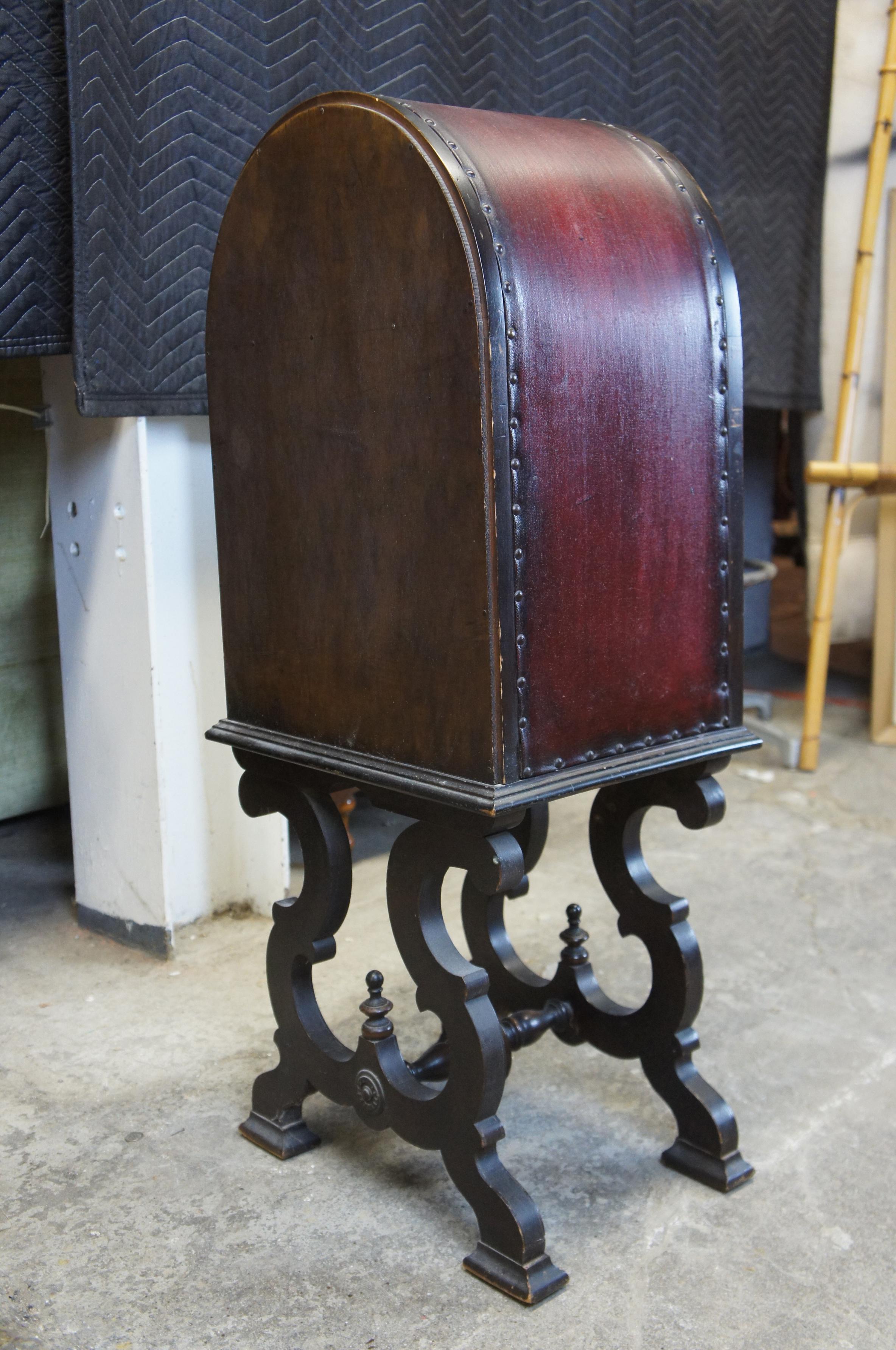 Antique Jacobean Leather and Walnut Tobacco Humidor Cabinet Smoking Stand 1
