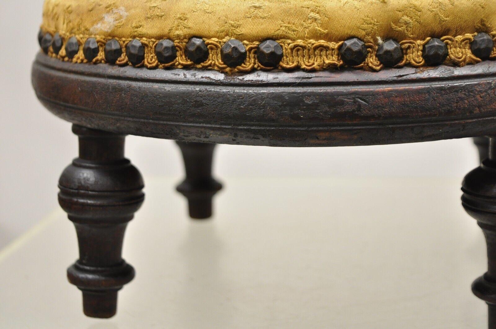 Early 20th Century Antique Jacobean Mahogany Round Small Footstool Ottoman with Turn Carved Legs