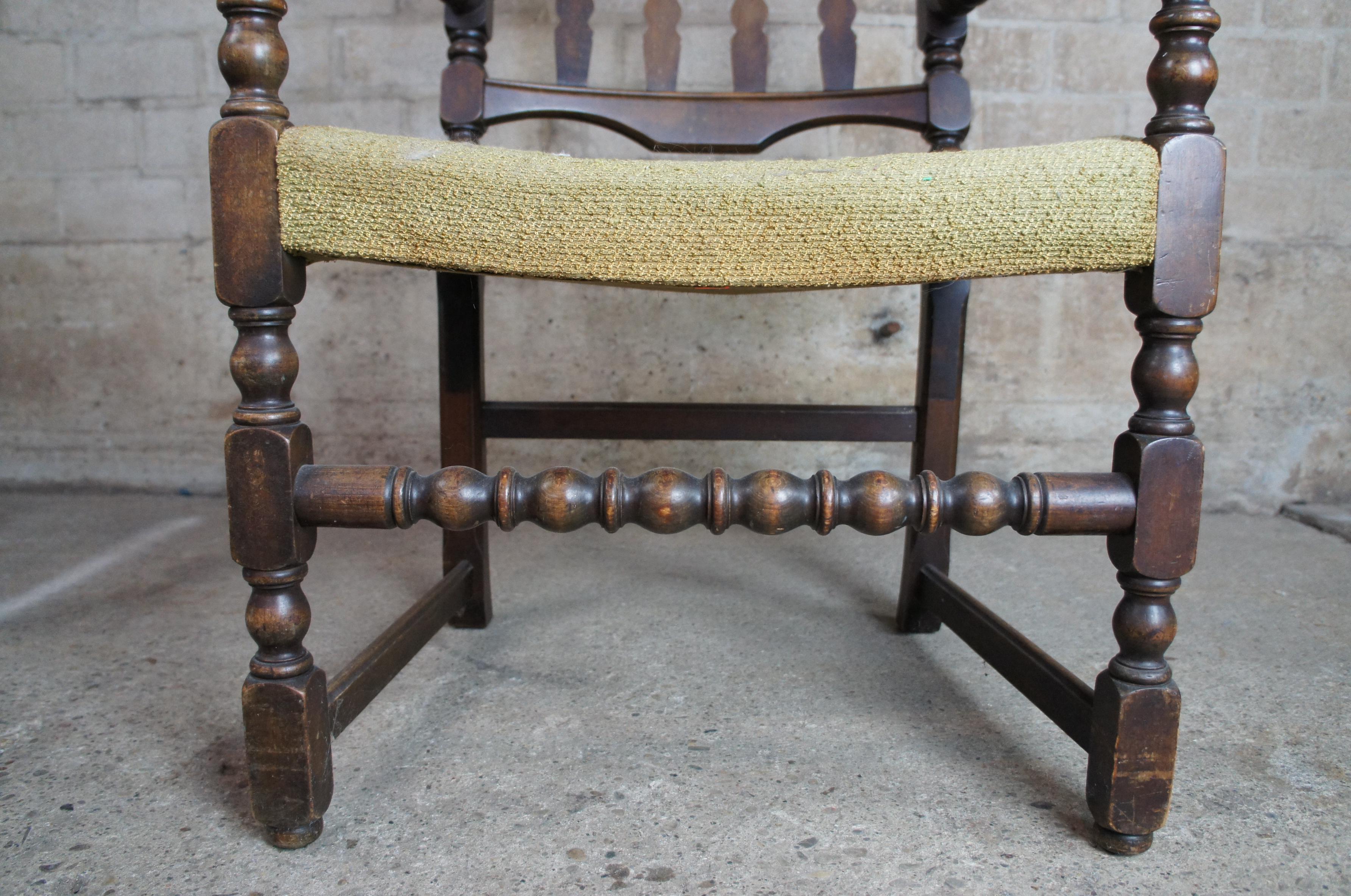 Antique Jacobean Oak Carved Slat Back Arm Chair Library Reading Accent 4