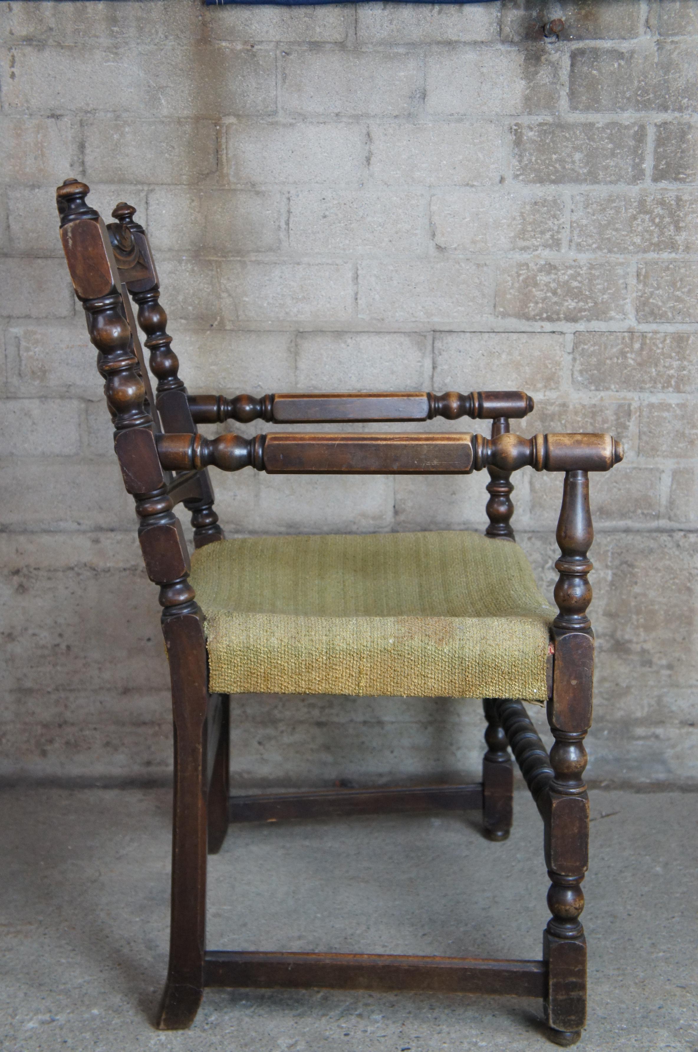 Antique Jacobean Oak Carved Slat Back Arm Chair Library Reading Accent In Good Condition In Dayton, OH