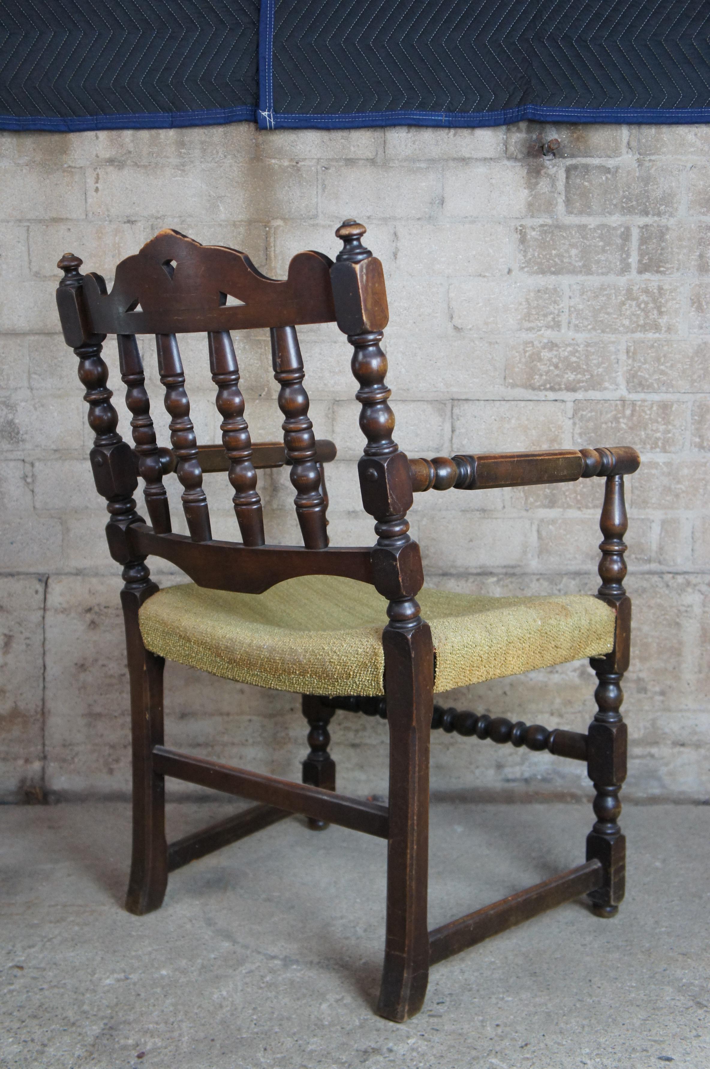 19th Century Antique Jacobean Oak Carved Slat Back Arm Chair Library Reading Accent