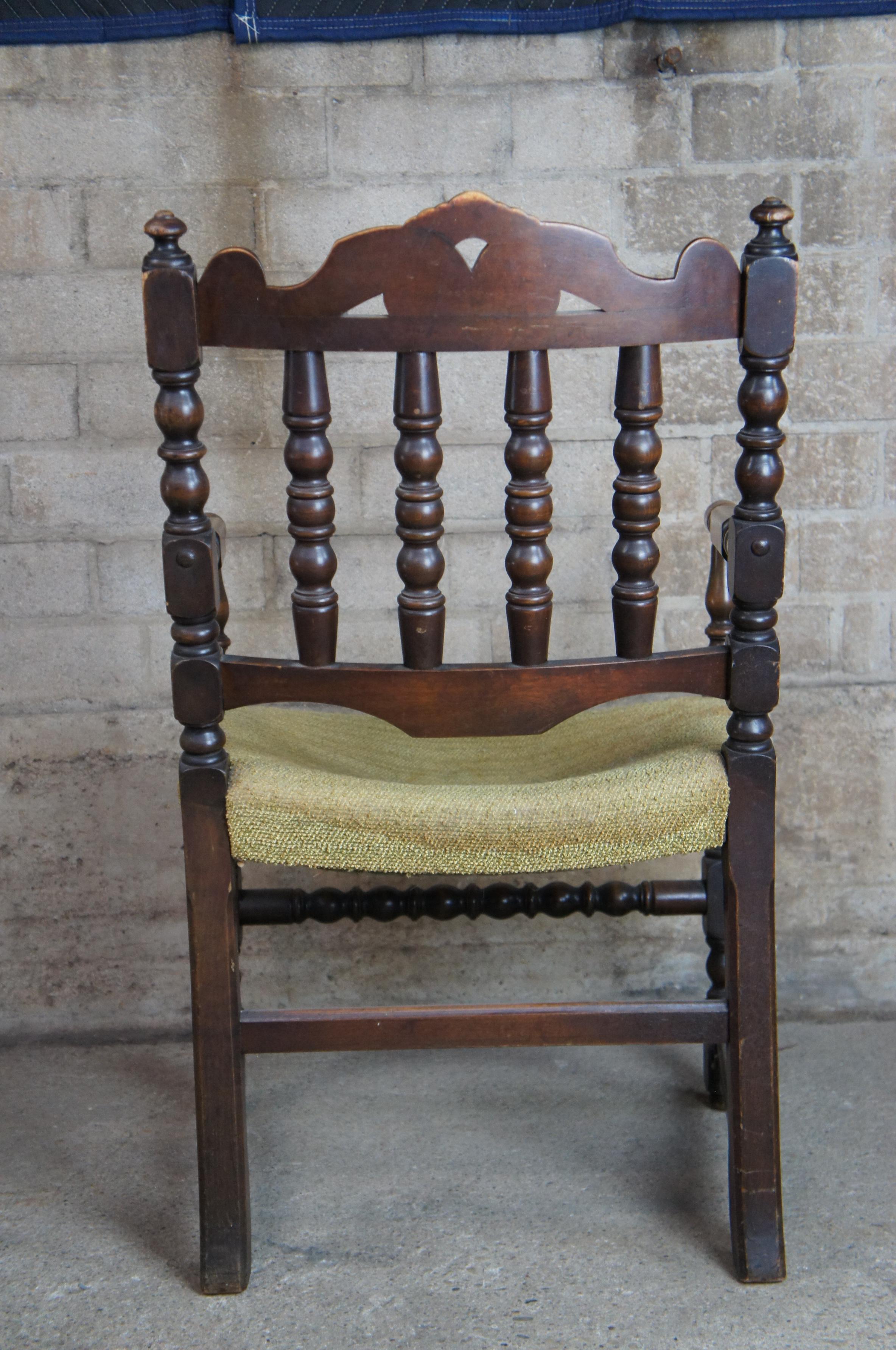 Upholstery Antique Jacobean Oak Carved Slat Back Arm Chair Library Reading Accent