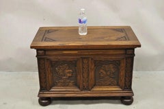 Antique Jacobean Oak Wood Figural Bust Carved Blanket Chest Trunk on Bun Feet