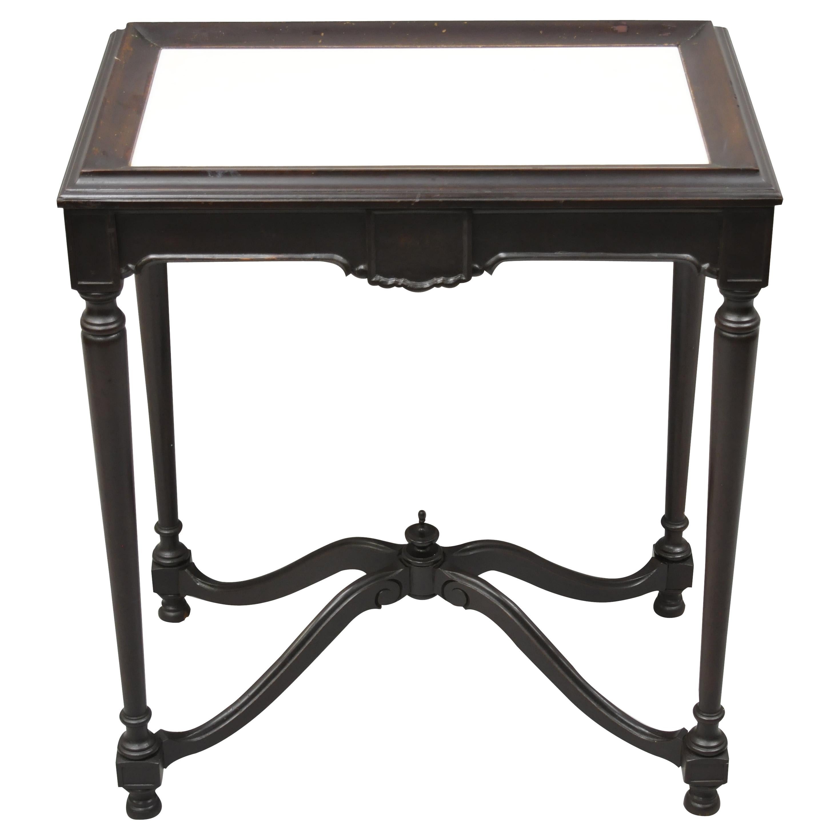 Antique Jacobean Renaissance Carved Mahogany Accent Side Table w/ Celluloid Top For Sale