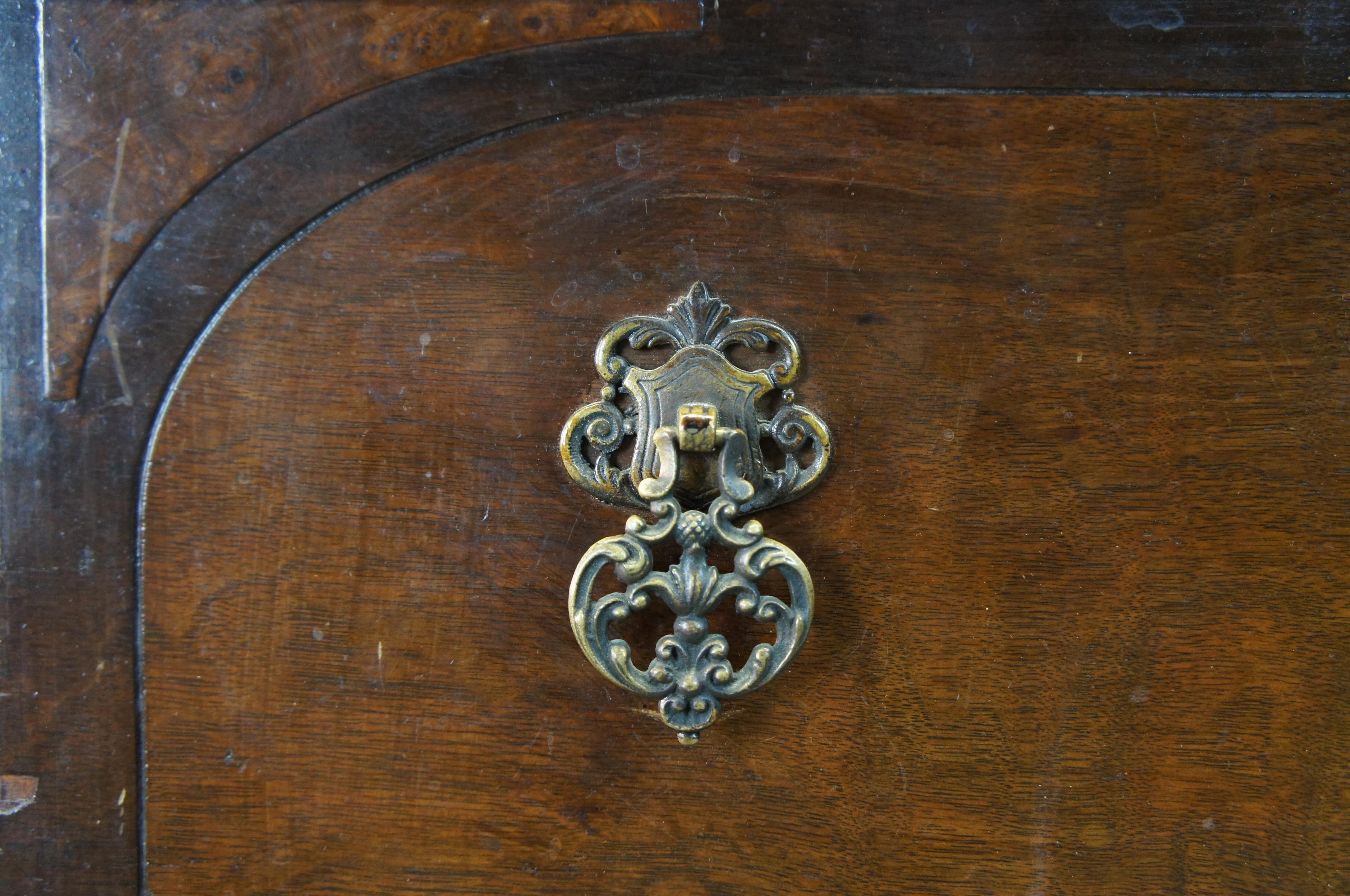 Glass Antique Jacobean Revival Burled Walnut China Hutch Curio Cabinet Cupboard