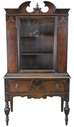 Antique Jacobean Revival Burled Walnut China Hutch Curio Cabinet Cupboard