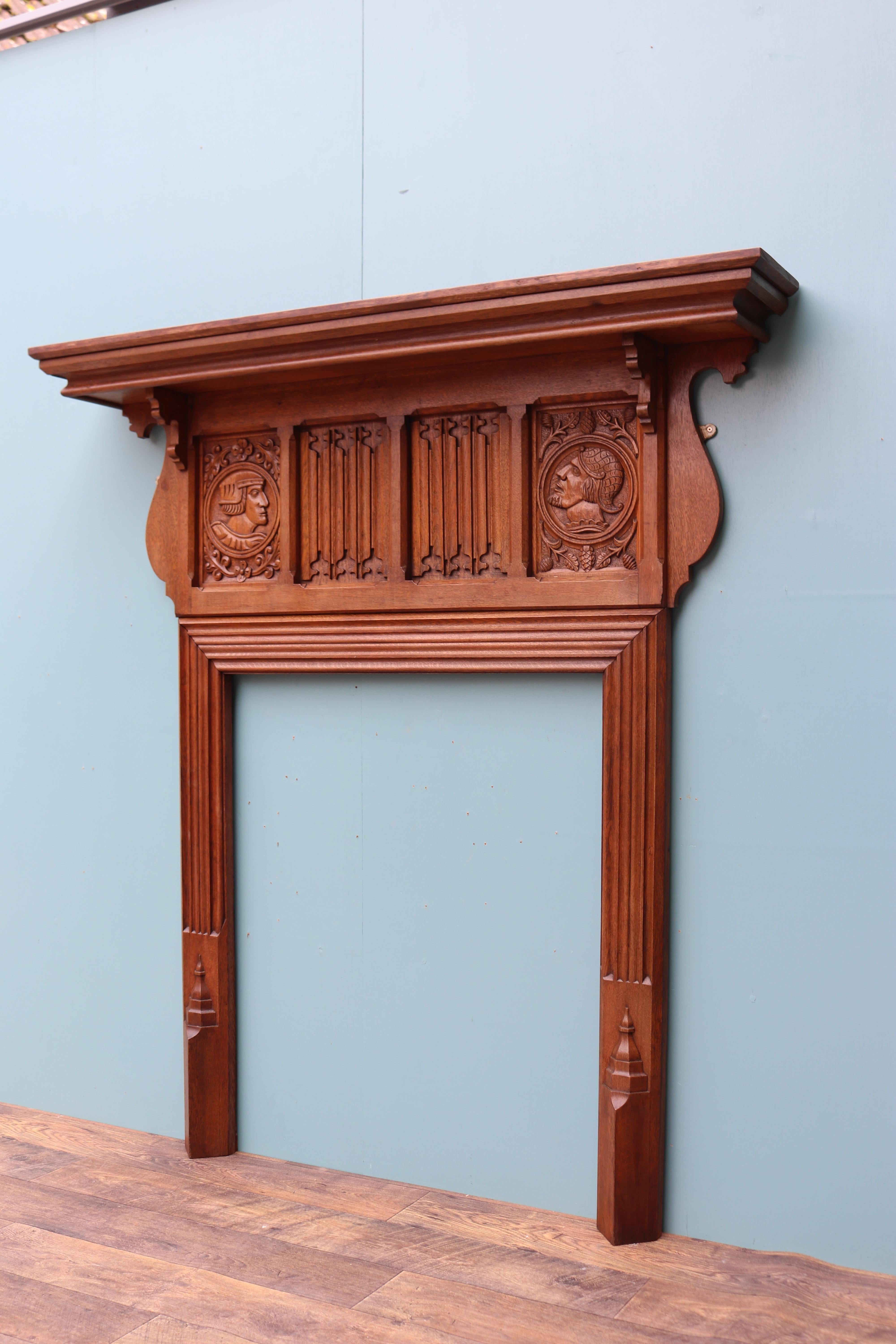 Antique Jacobean Revival Carved Oak Mantel In Fair Condition For Sale In Wormelow, Herefordshire