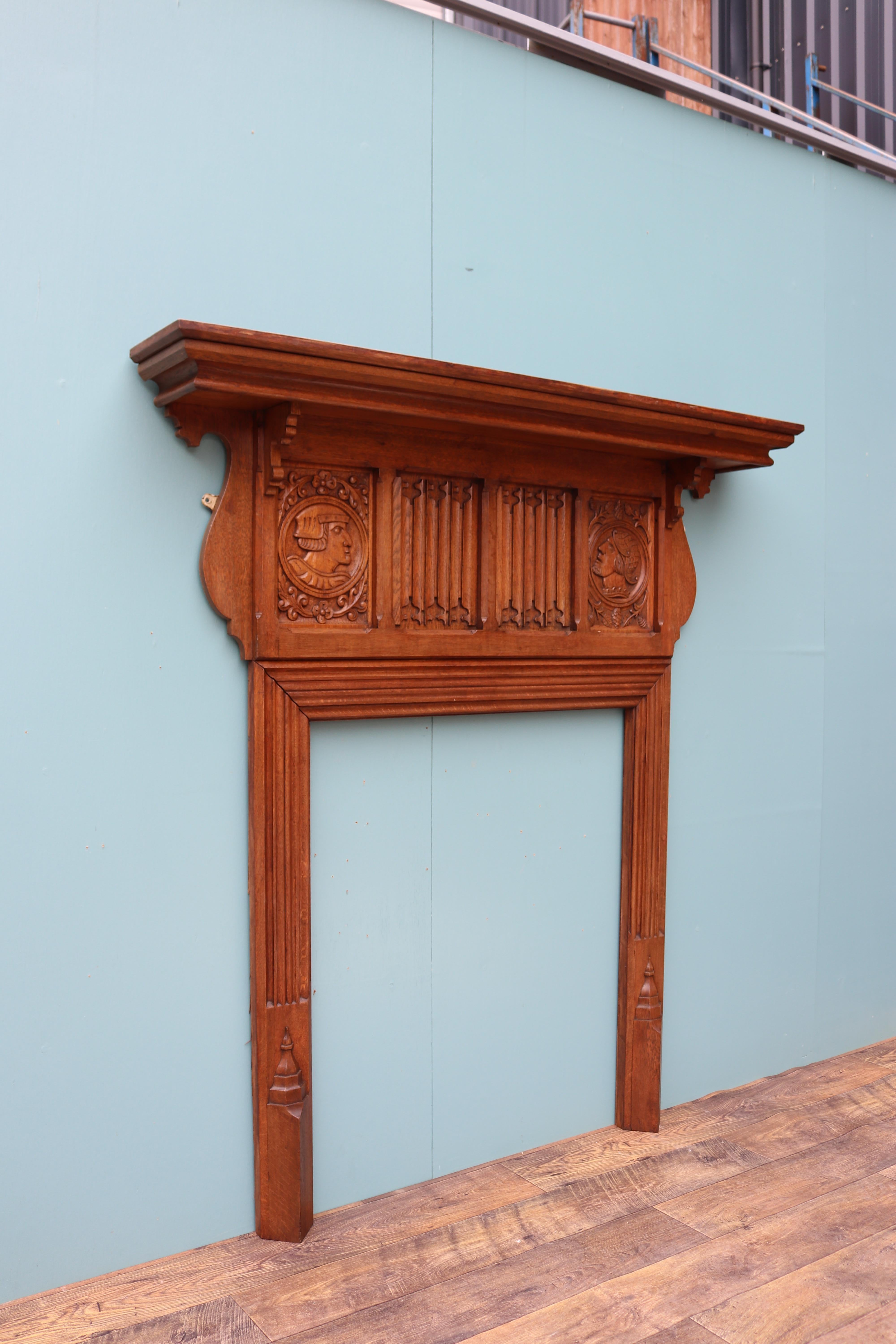Antique Jacobean Revival Carved Oak Mantel For Sale 1