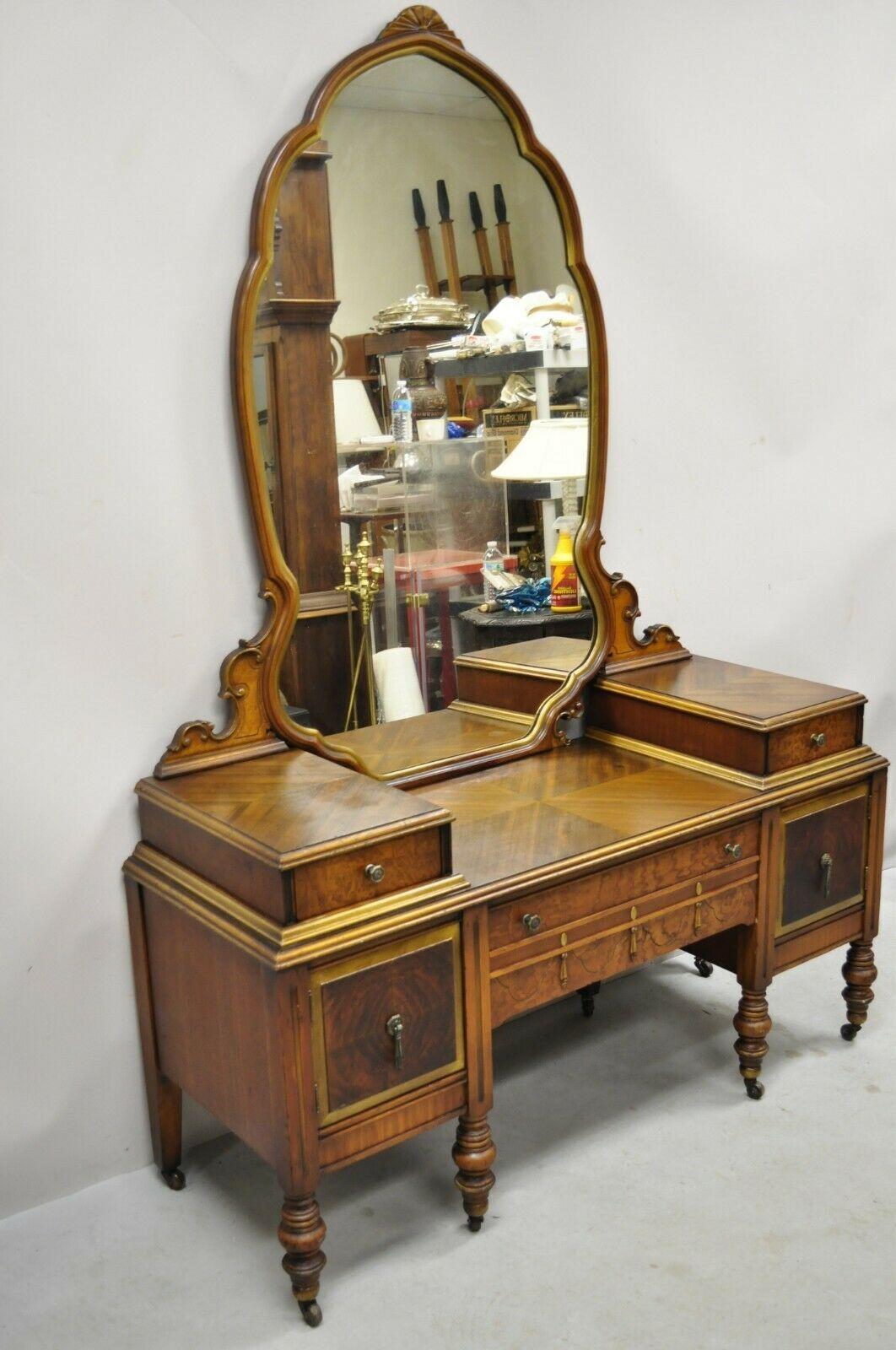 Antique Jacobean Revival Depression Walnut Vanity Table With Mirror 2