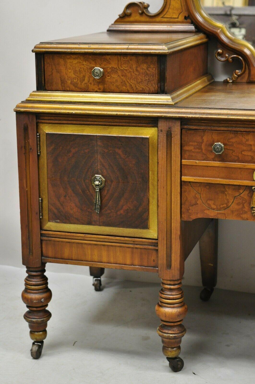 Art Deco Antique Jacobean Revival Depression Walnut Vanity Table With Mirror