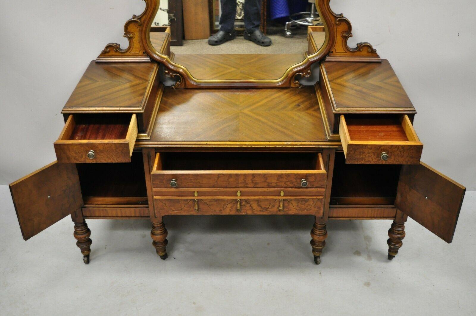 20th Century Antique Jacobean Revival Depression Walnut Vanity Table With Mirror