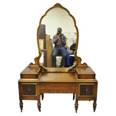 Antique Jacobean Revival Depression Walnut Vanity Table With Mirror