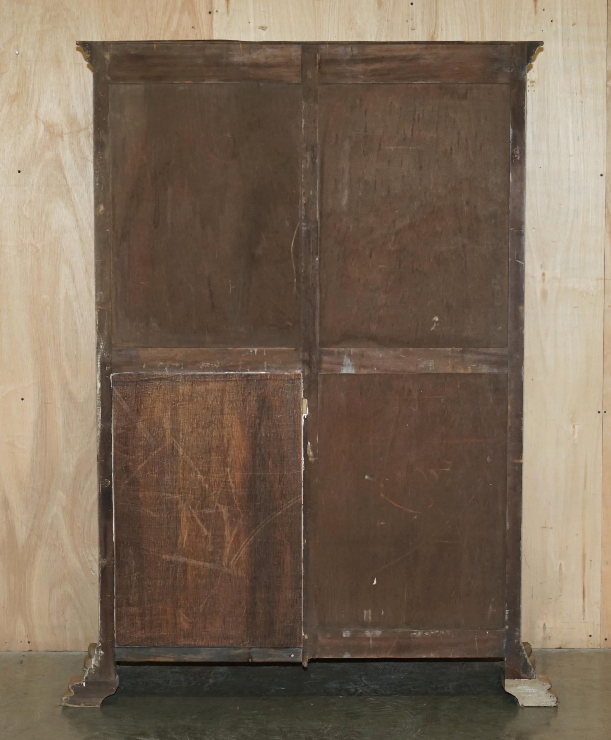 ANTIQUE JACOBEAN REVIVAL HAND CARVED ARMOIRE WARDROBE WiTH GREY FRENCH PAINT For Sale 7