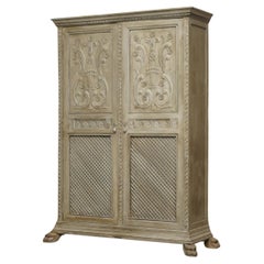 ANTIQUE JACOBEAN REVIVAL HAND CARVED ARMOIRE WARDROBE WiTH GREY FRENCH PAINT