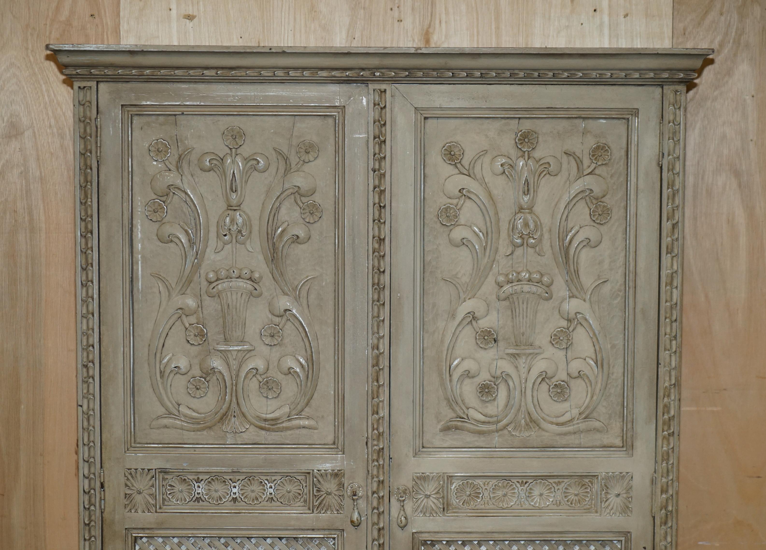 Jacobean ANTIQUE JACOBEAN REVIVAL HAND CARVED ARMOIRE WARDROBE WiTH GREY FRENCH PAINT For Sale