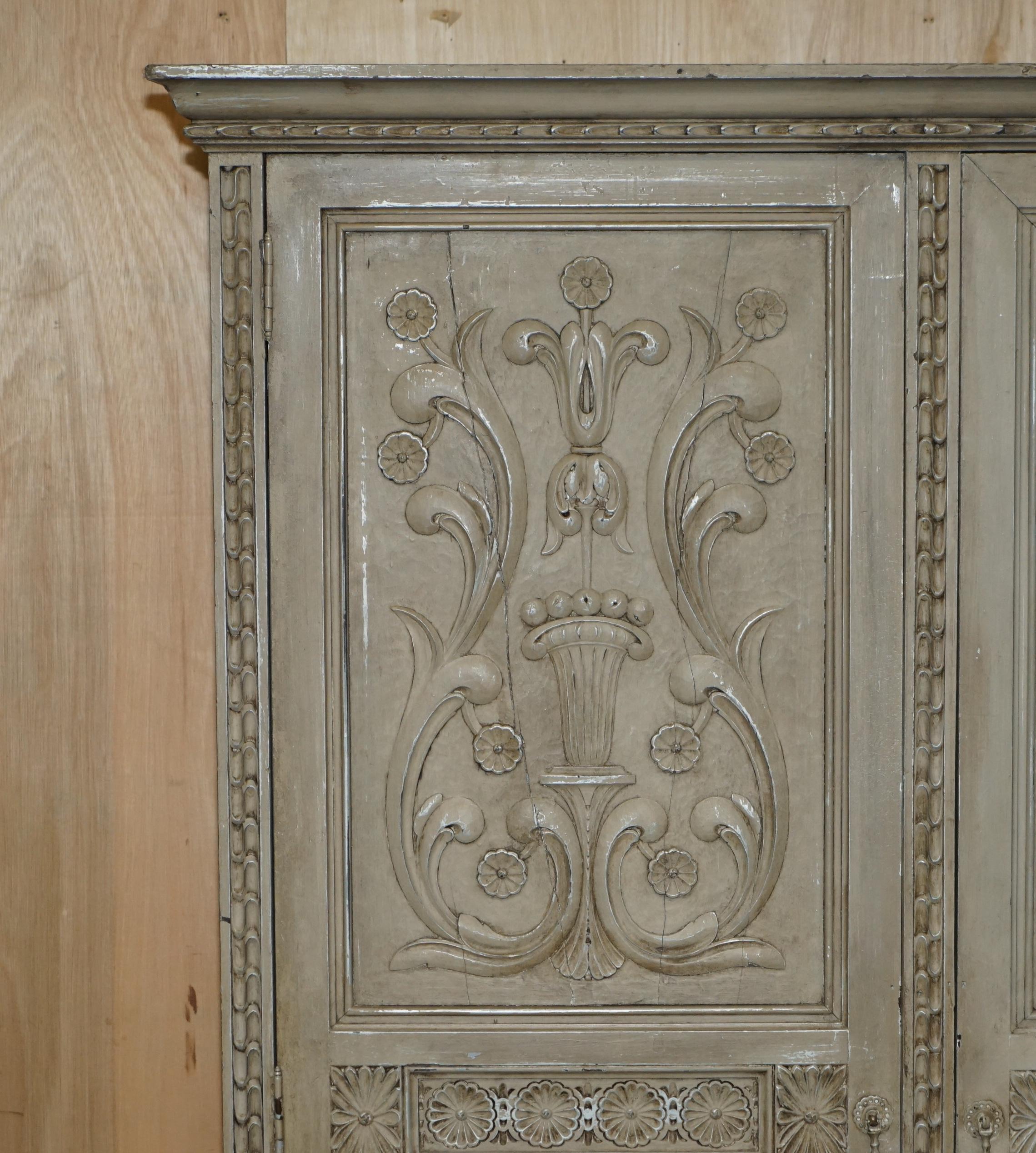 French ANTIQUE JACOBEAN REVIVAL HAND CARVED ARMOIRE WARDROBE WiTH GREY FRENCH PAINT For Sale