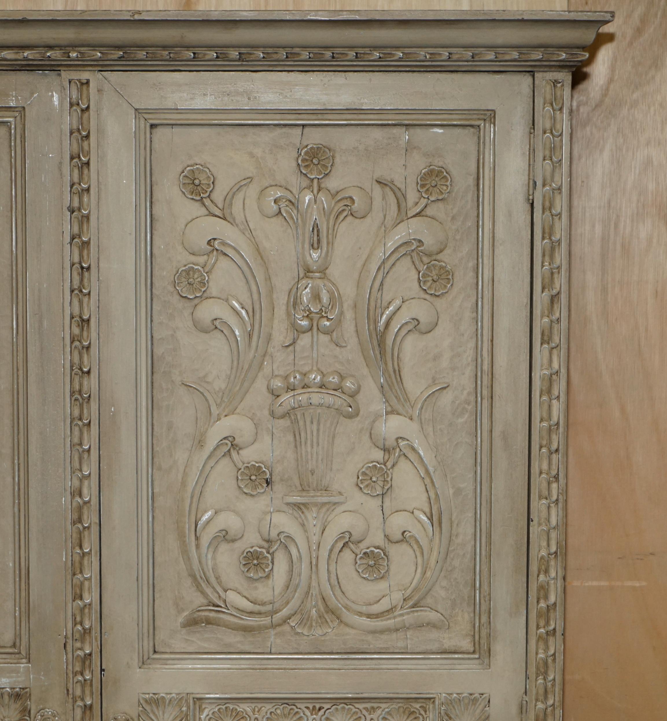 Hand-Carved ANTIQUE JACOBEAN REVIVAL HAND CARVED ARMOIRE WARDROBE WiTH GREY FRENCH PAINT For Sale