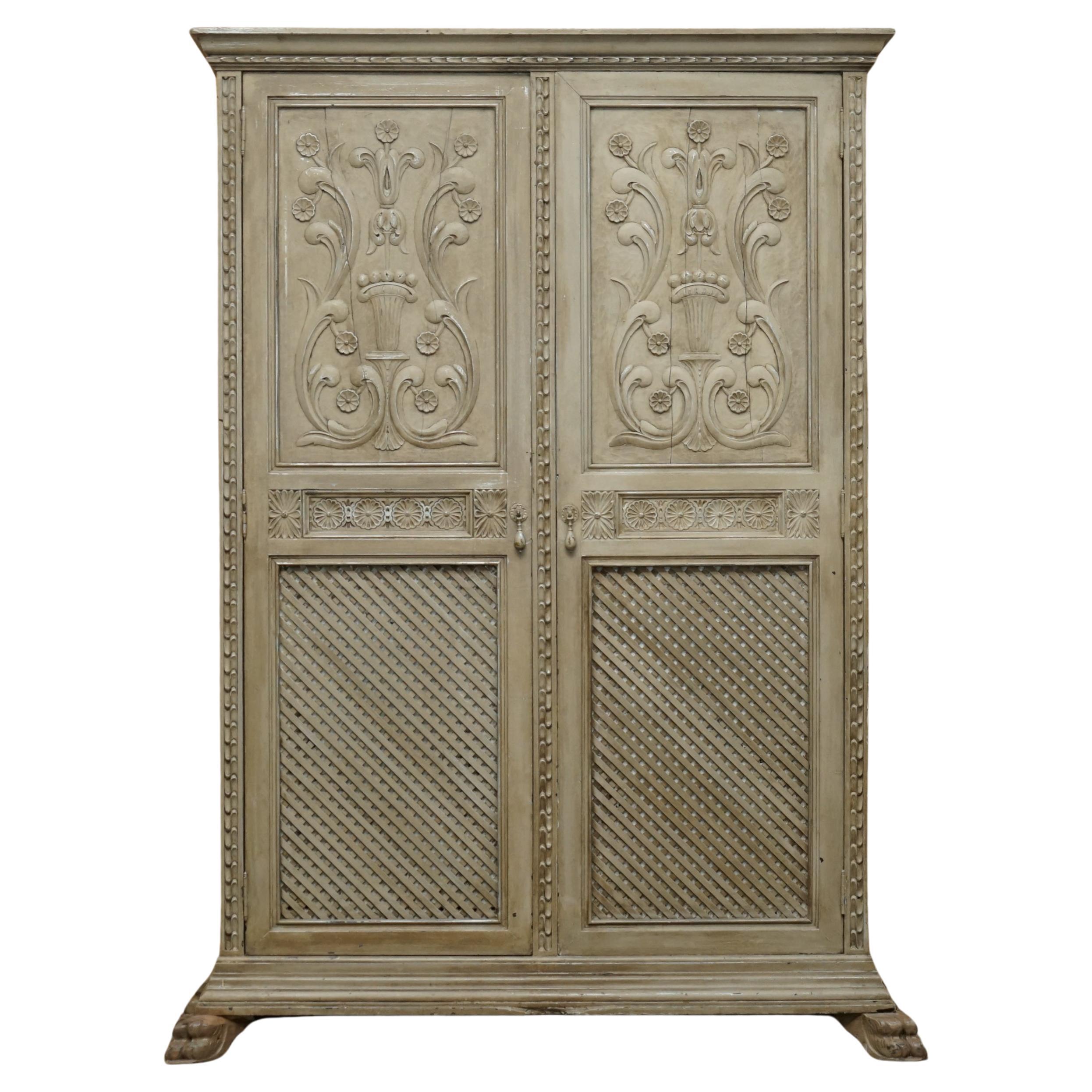 ANTIQUE JACOBEAN REVIVAL HAND CARVED ARMOIRE WARDROBE WiTH GREY FRENCH PAINT For Sale
