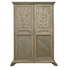 Used JACOBEAN REVIVAL HAND CARVED ARMOIRE WARDROBE WiTH GREY FRENCH PAINT