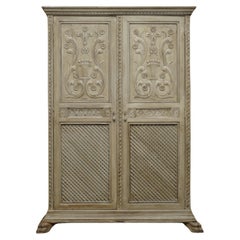 ANTIQUE JACOBEAN REVIVAL HAND CARVED ARMOIRE WARDROBE WiTH GREY FRENCH PAINT