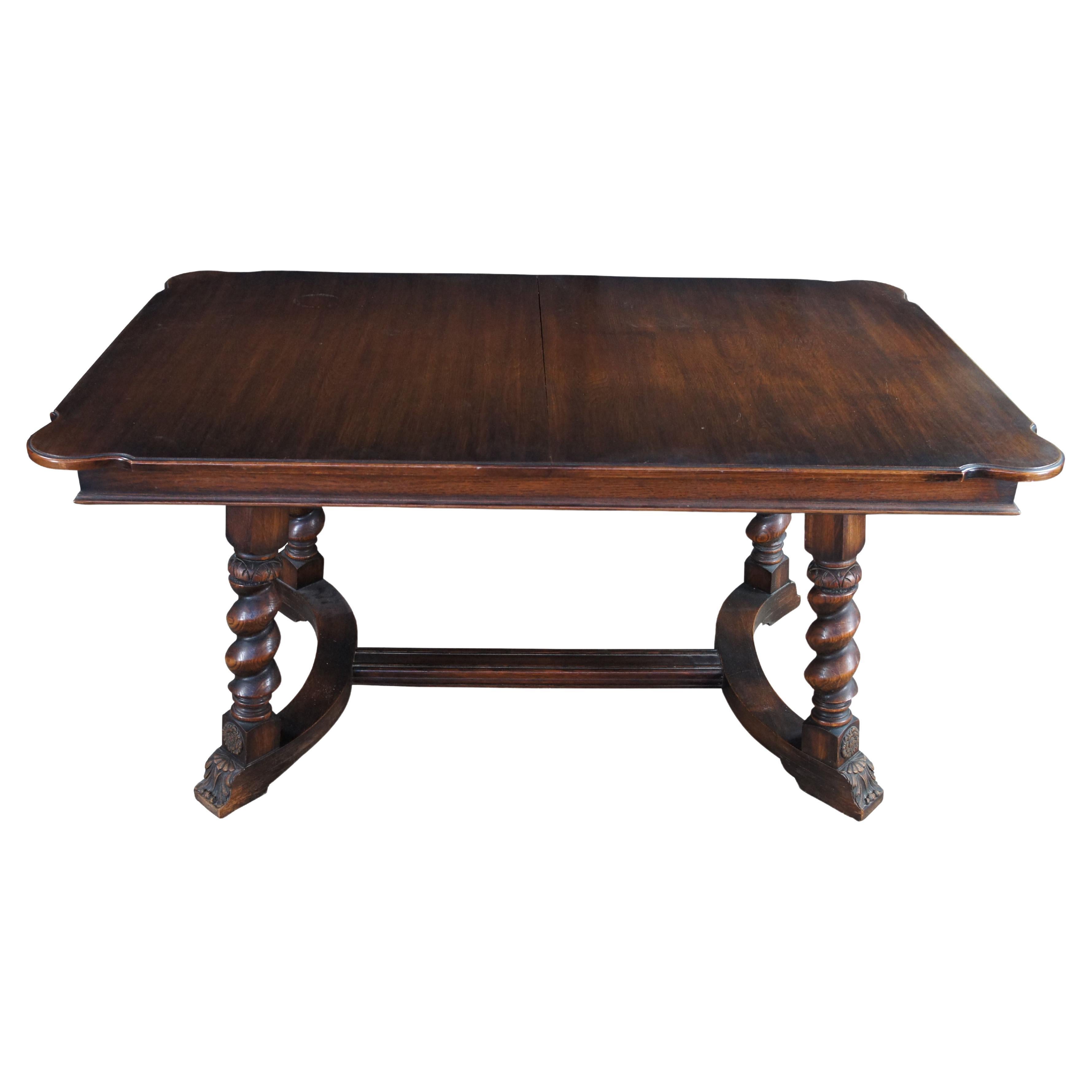 Antique Jacobean Revival Oak Barley Twisted Scissor Leaf Trestle Dining Table For Sale