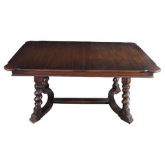 Antique Jacobean Revival Oak Barley Twisted Scissor Leaf Trestle Dining Table