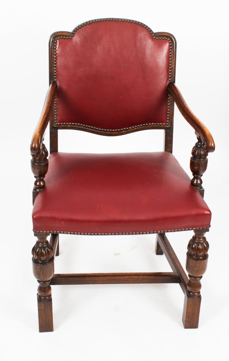 Antique Jacobean Revival Oak Refectory Dining Table and 6 Chairs 20th C