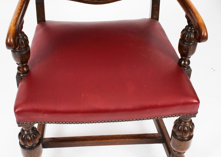 Antique Jacobean Revival Oak Refectory Dining Table and 6 Chairs 20th C