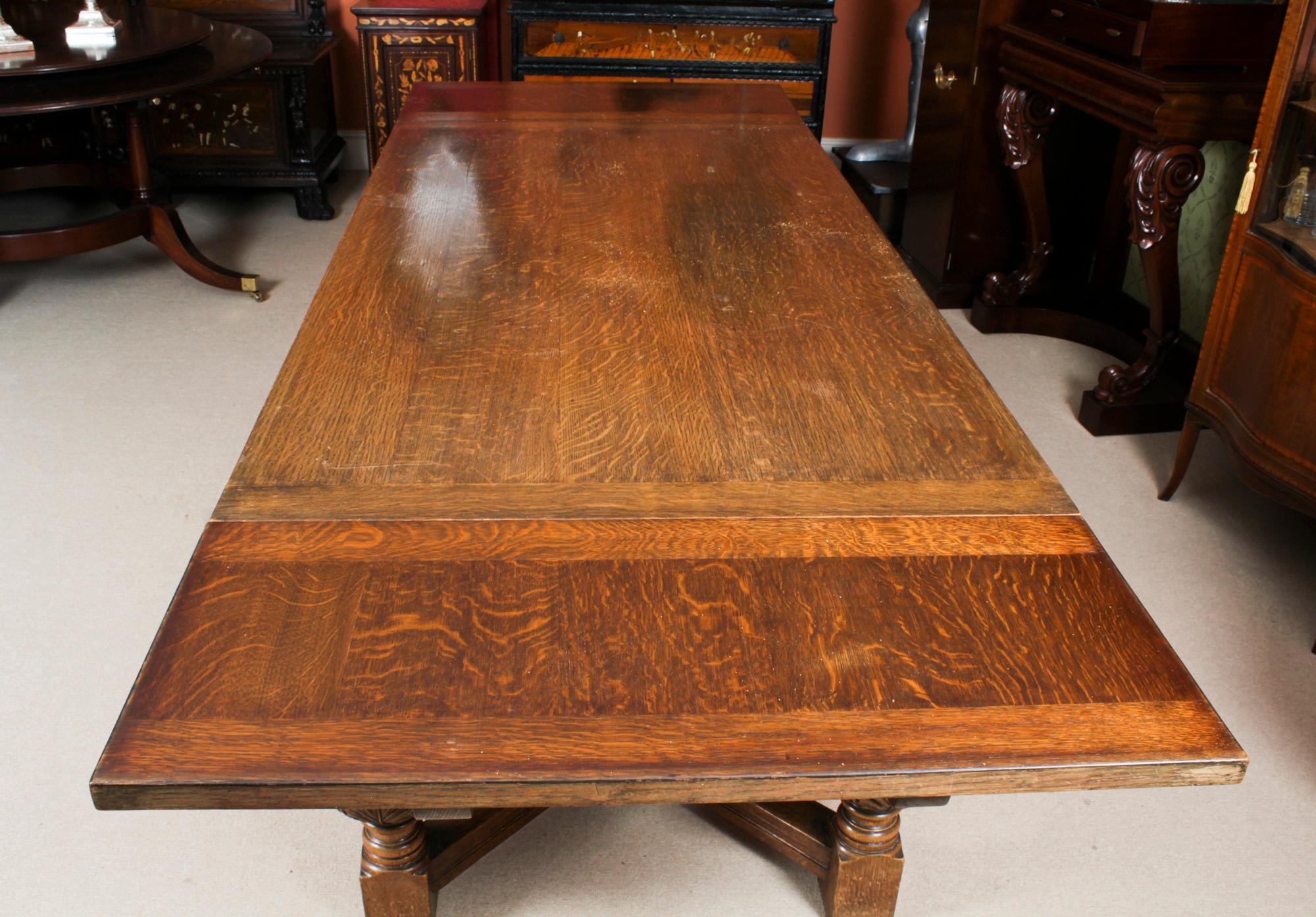 English Antique Jacobean Revival Oak Refectory Dining Table & 6 Chairs 20th C