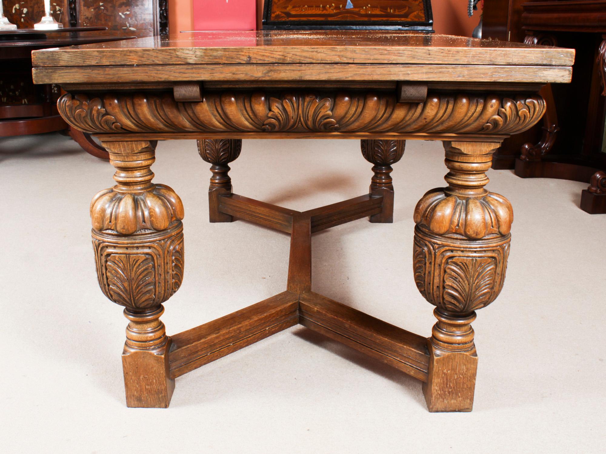 Leather Antique Jacobean Revival Oak Refectory Dining Table & 6 Chairs 20th C