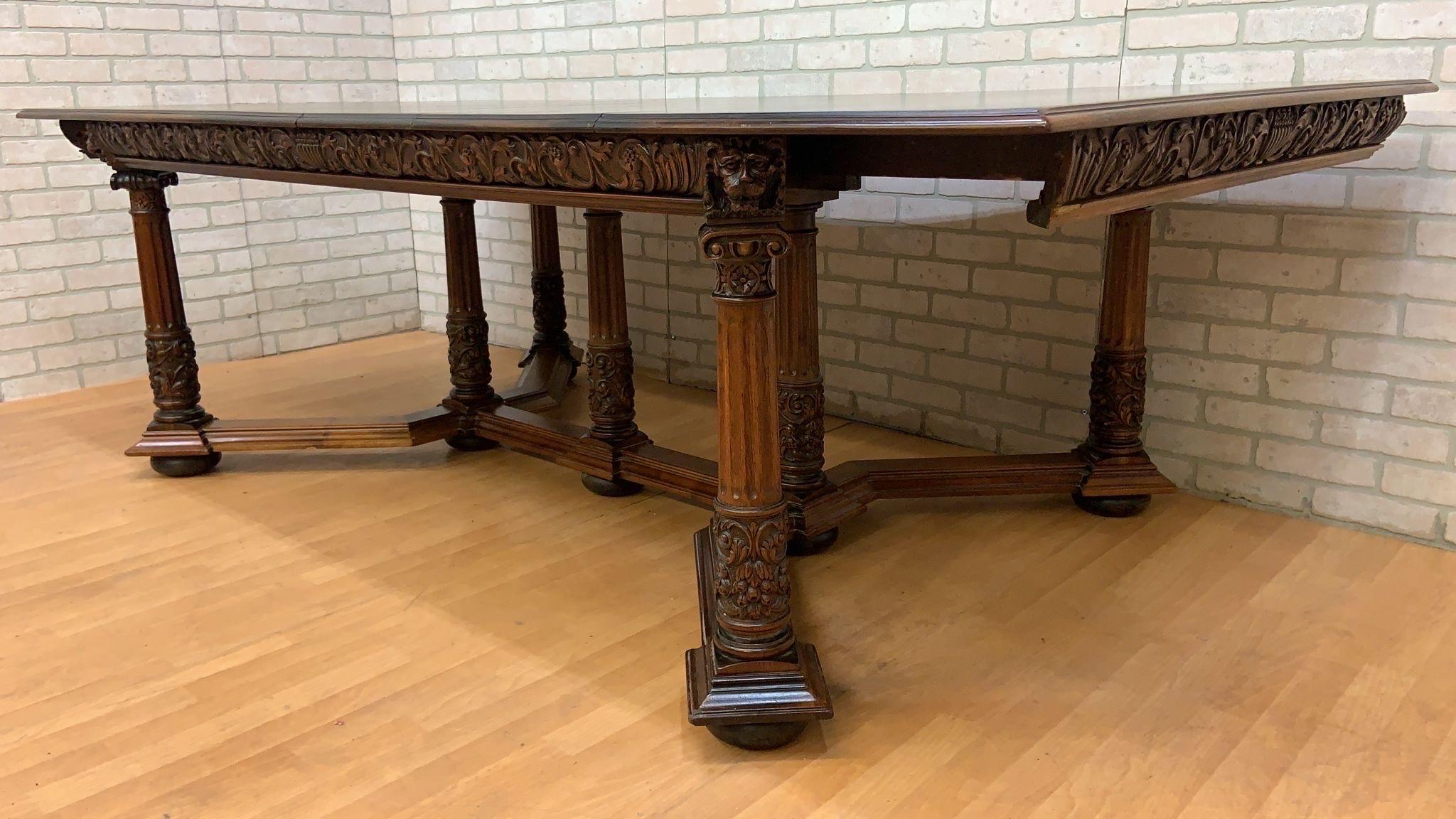Unknown Antique Jacobean Revival Renaissance Style Carved Walnut Extending Dining Table For Sale