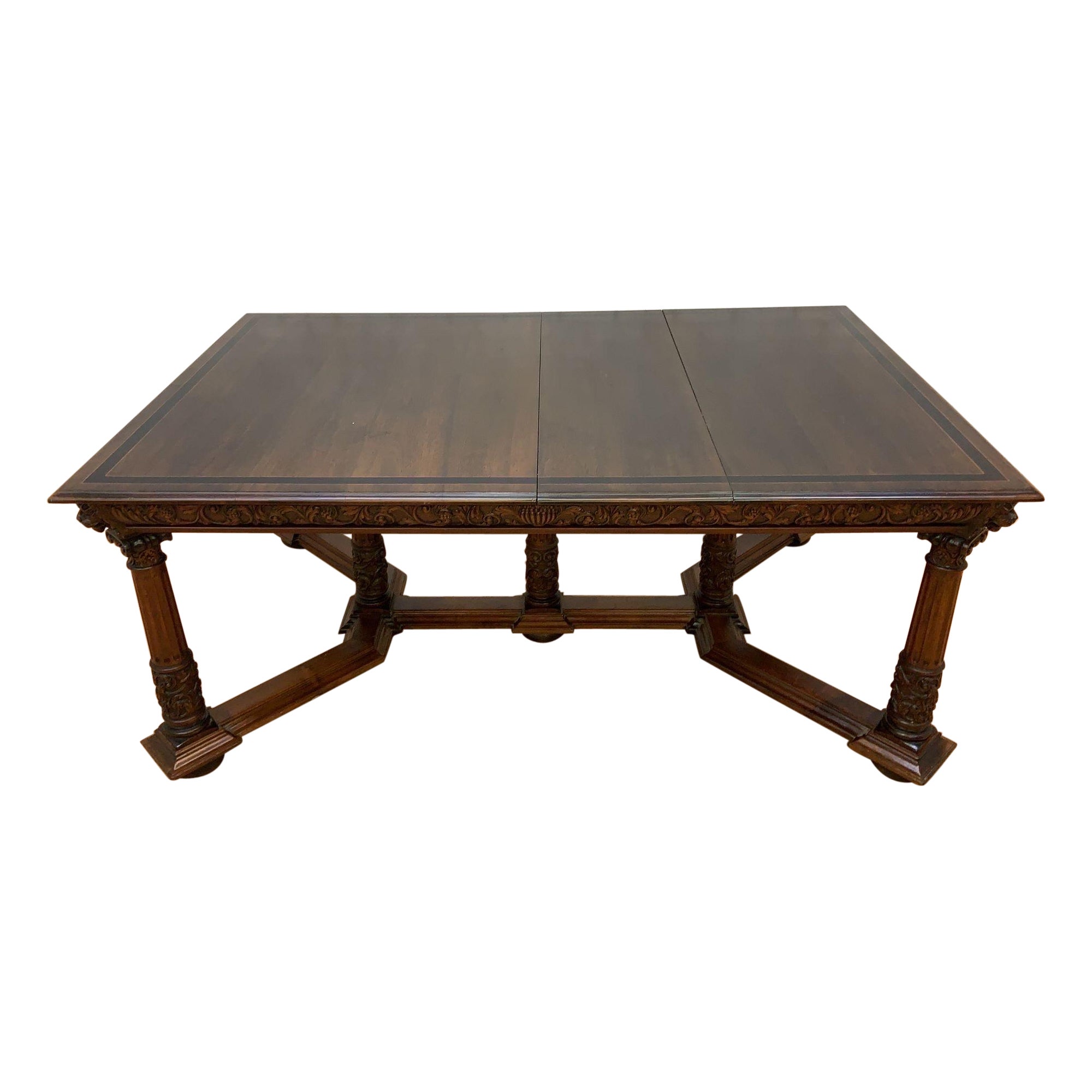 Antique Jacobean Revival Renaissance Style Carved Walnut Extending Dining Table