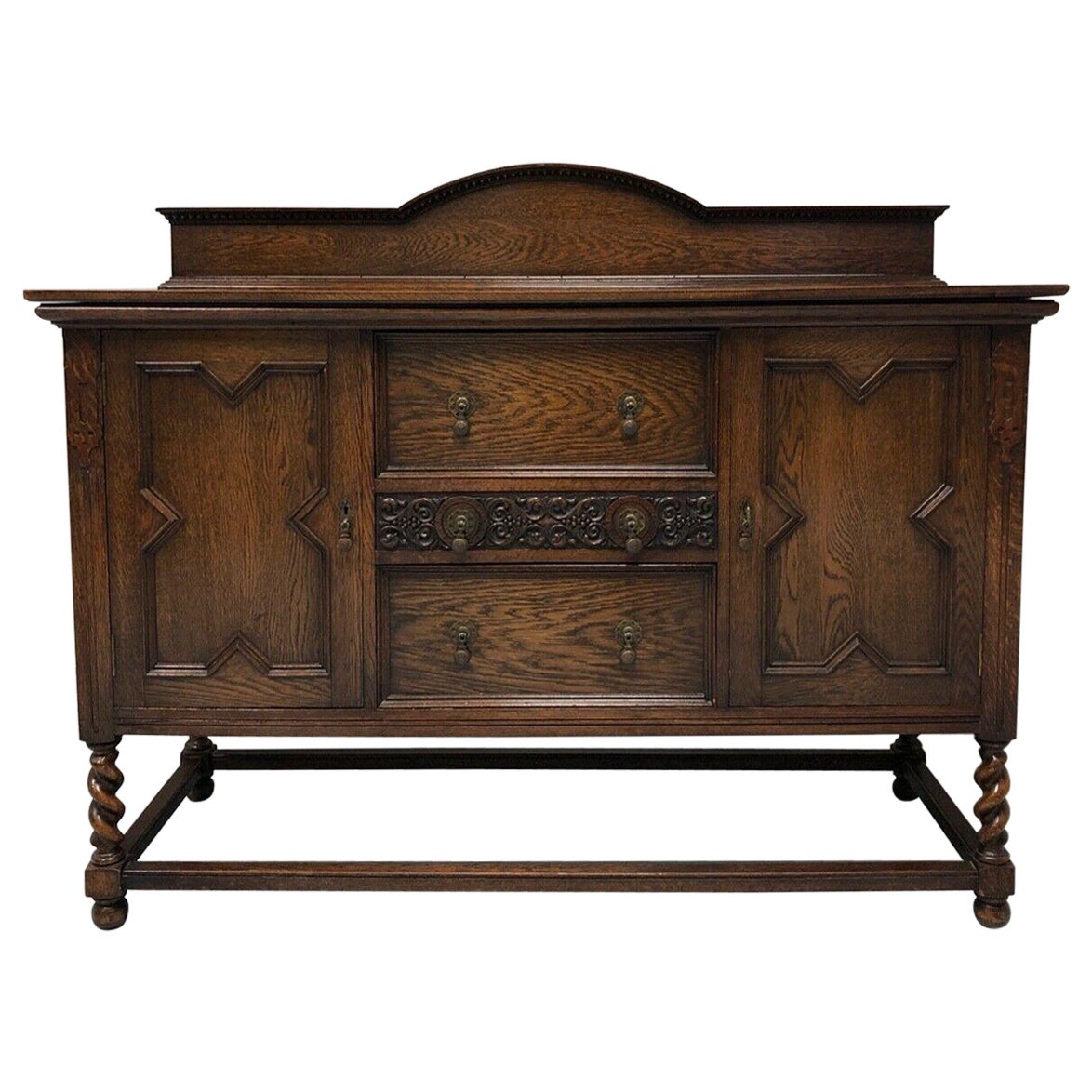 Antique Jacobean Revival Tiger Oak Barley Twist Sideboard
