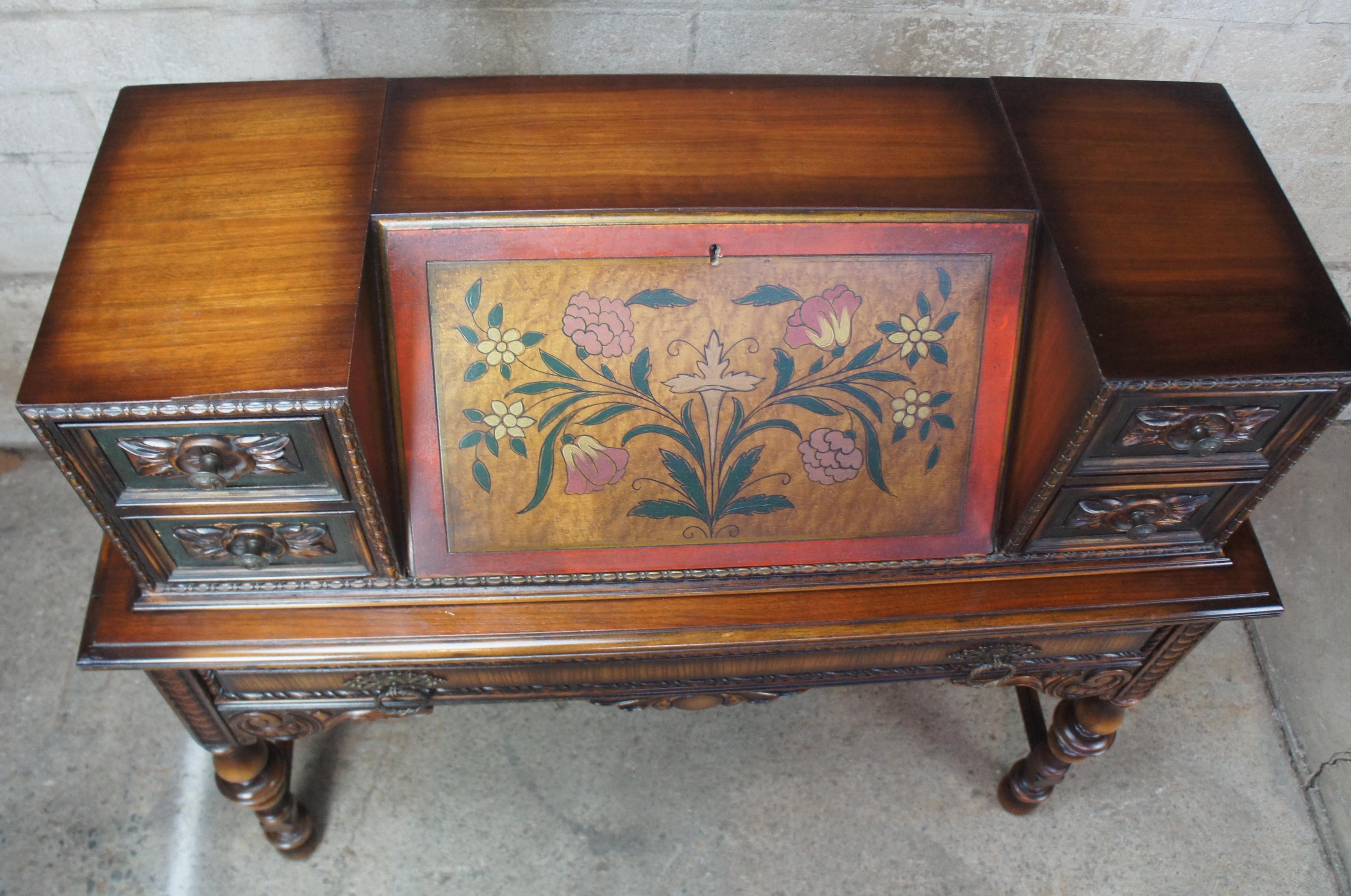 Antique Jacobean Spanish Revival Walnut Hand Painted Secretary Writing Desk 4