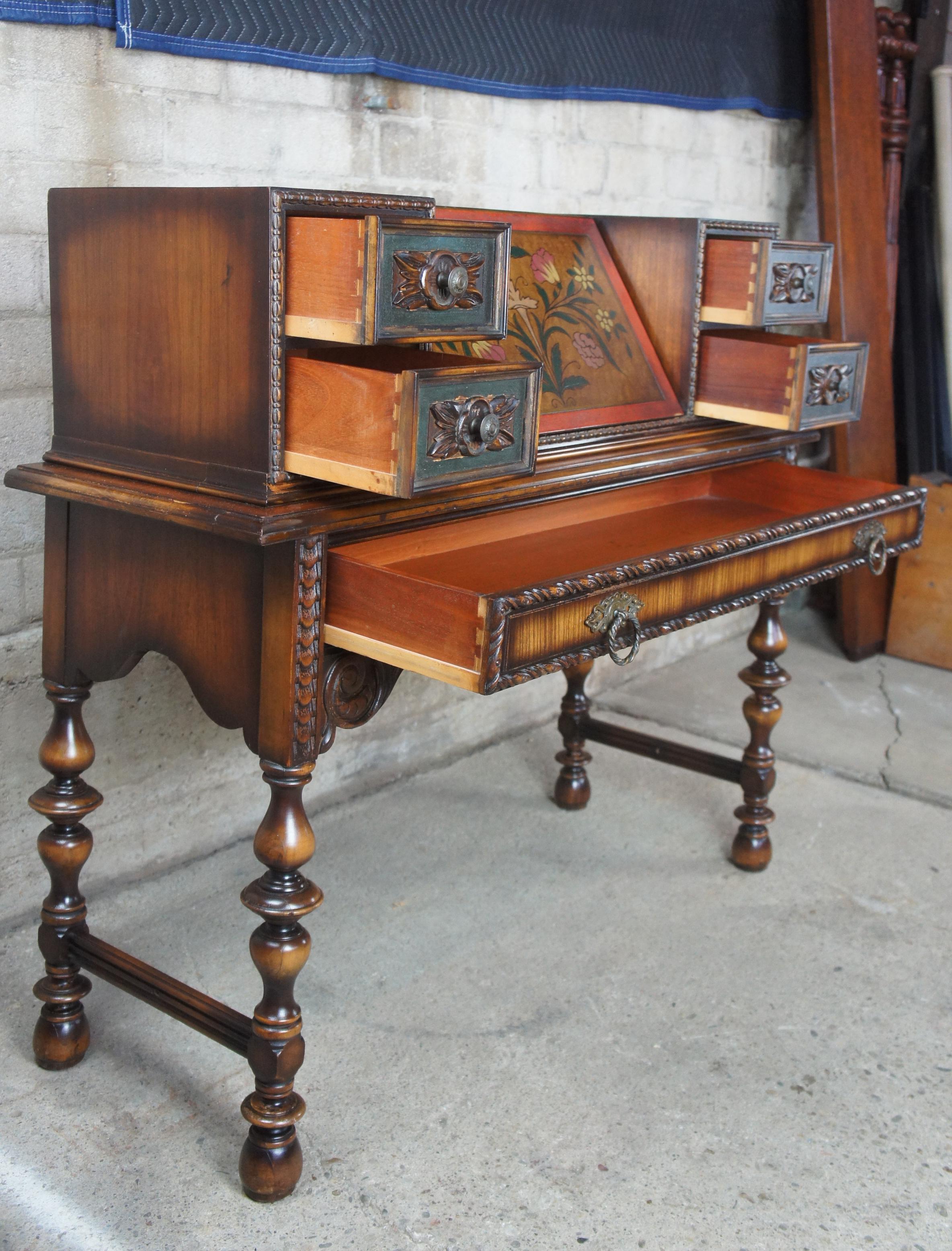 Antique Jacobean Spanish Revival Walnut Hand Painted Secretary Writing Desk 1