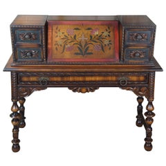 Antique Jacobean Spanish Revival Walnut Hand Painted Secretary Writing Desk