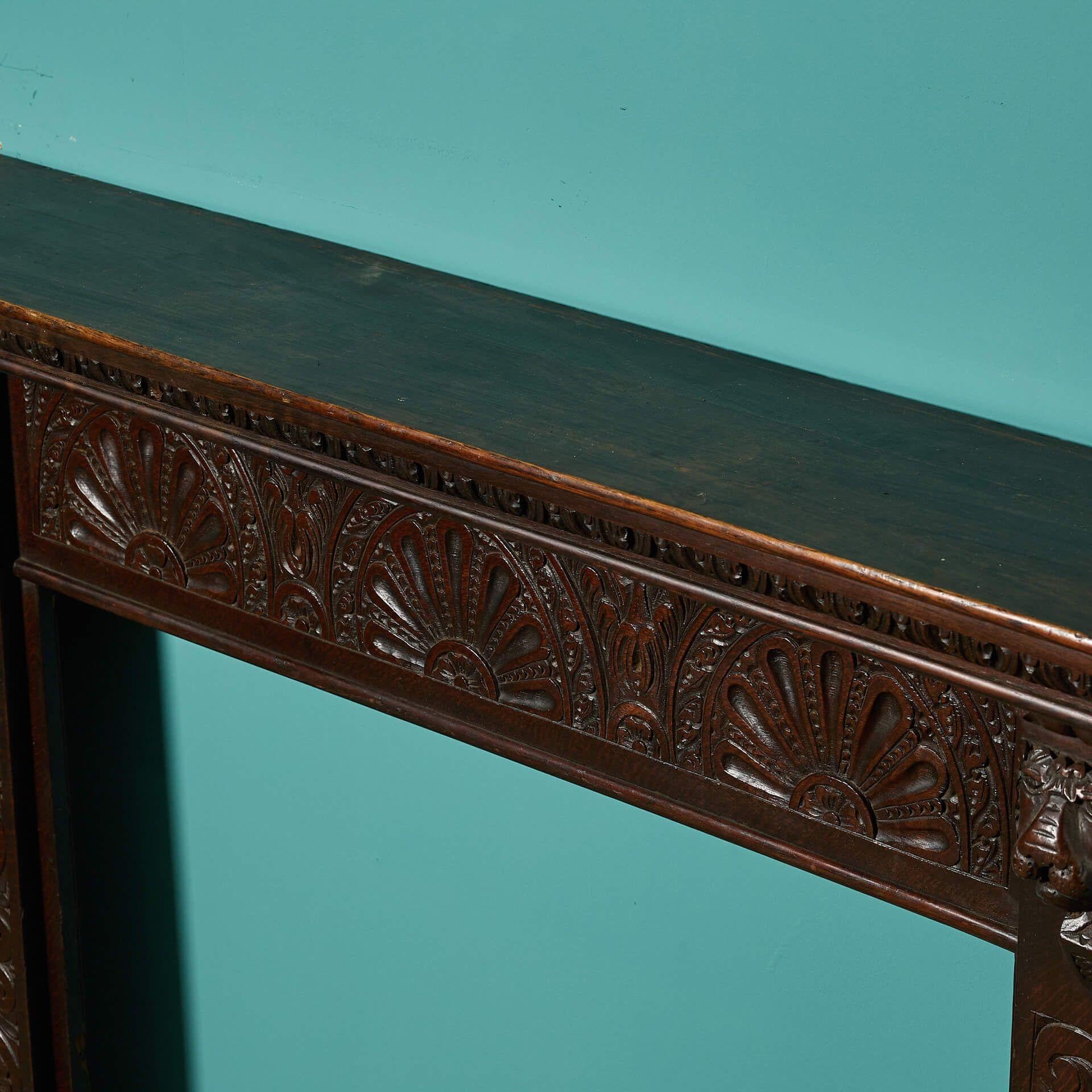 Antique Jacobean Style Carved Oak Fire Mantel In Fair Condition For Sale In Wormelow, Herefordshire