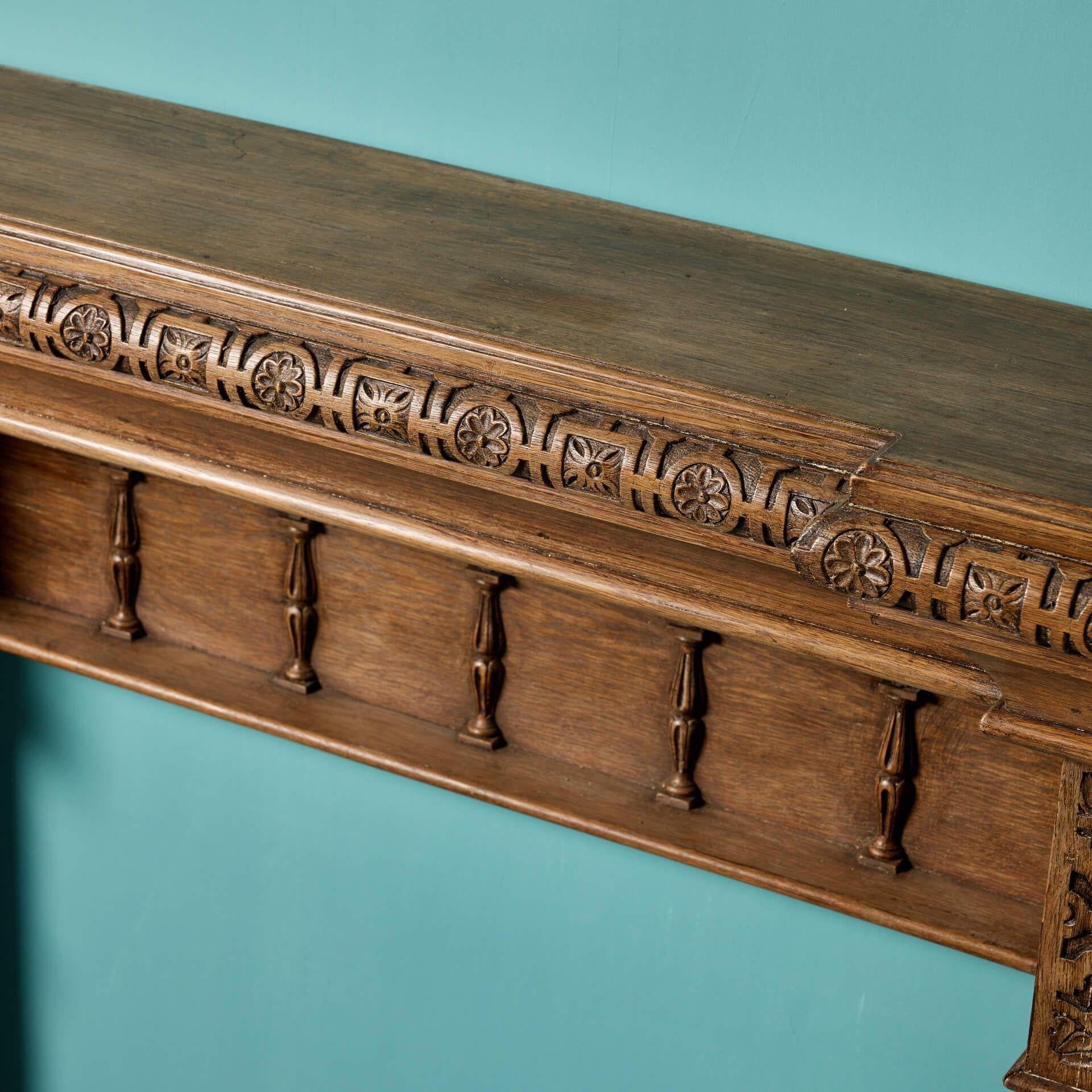 Antique Jacobean Style Carved Oak Fire Mantel In Good Condition For Sale In Wormelow, Herefordshire