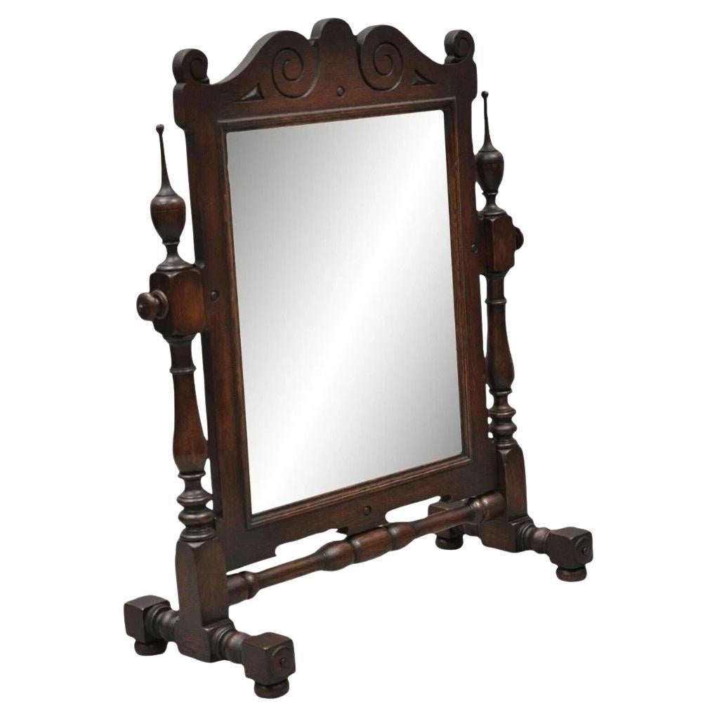 Antique Jacobean Style Carved Oak Wood Pivoting Dresser Shaving Table Top Mirror For Sale