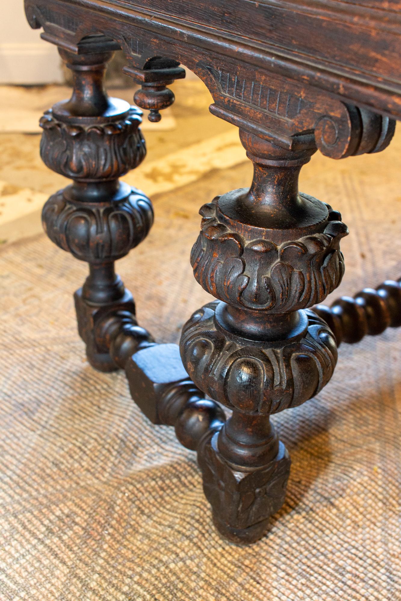 Antique Jacobean Style Ebonized Wood Desk, circa 1870 In Fair Condition For Sale In Houston, TX