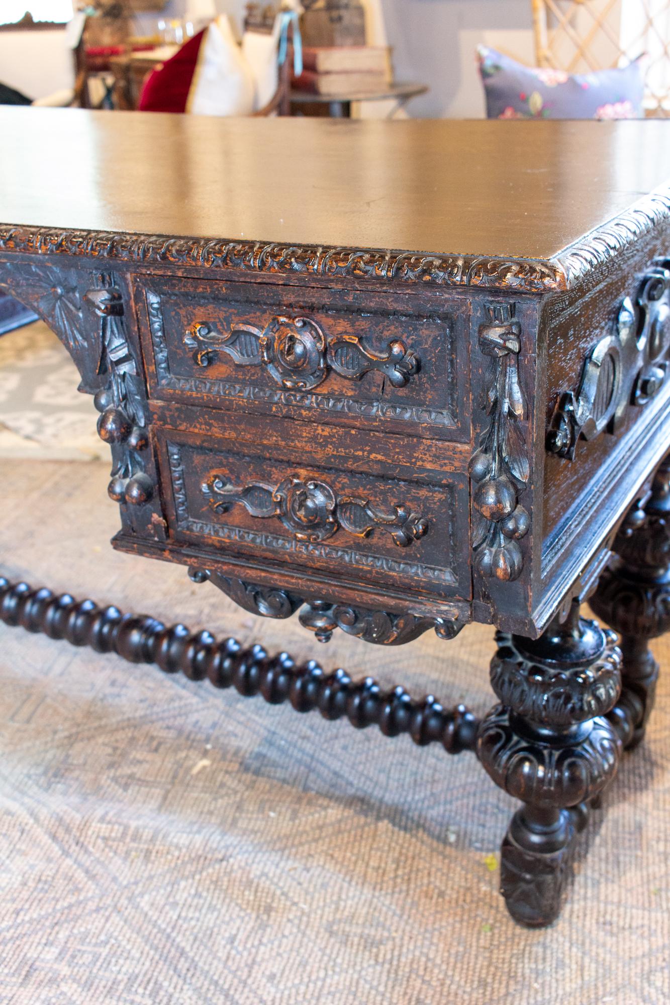 Oak Antique Jacobean Style Ebonized Wood Desk, circa 1870 For Sale