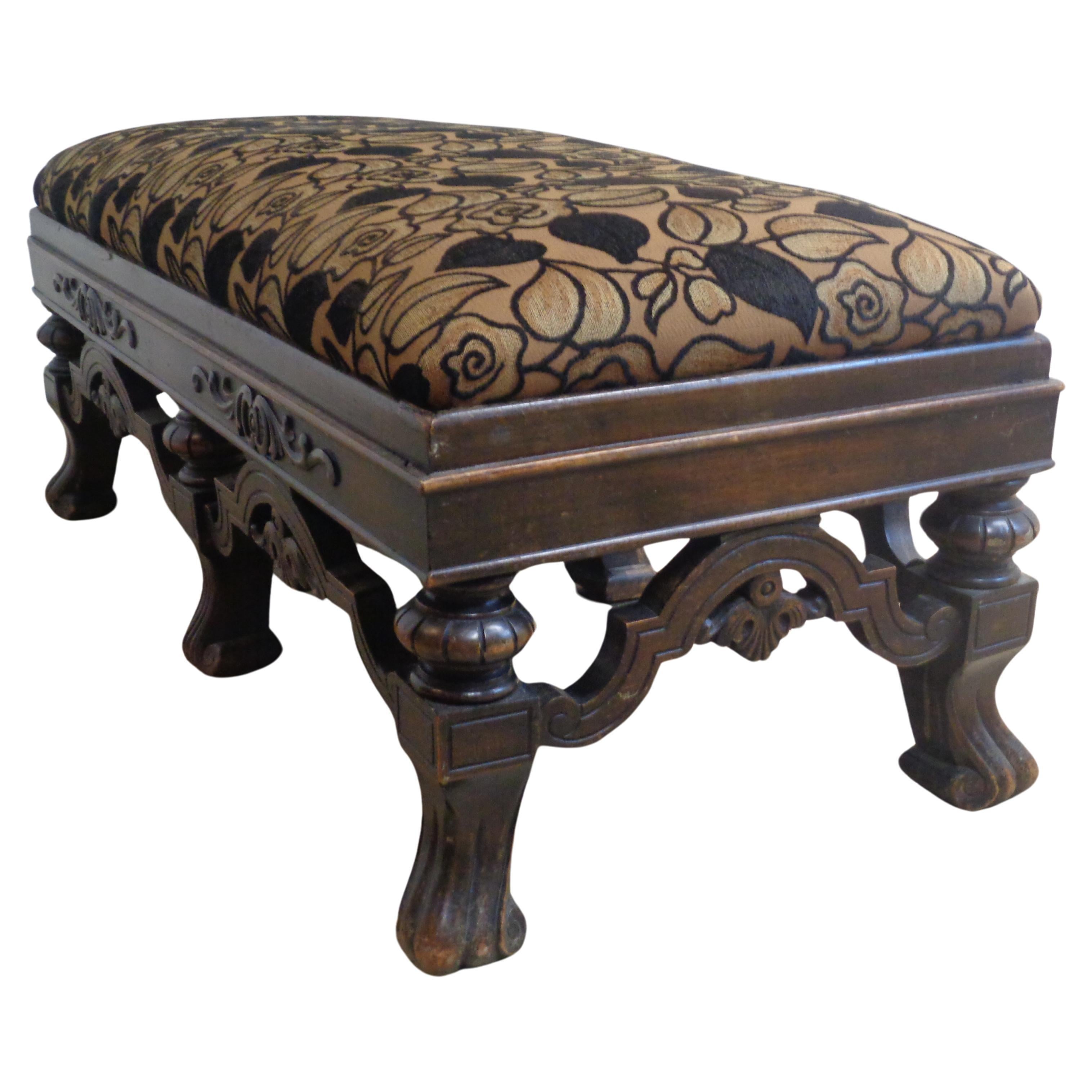 Textile Antique Jacobean Style Carved Walnut Fireside Bench