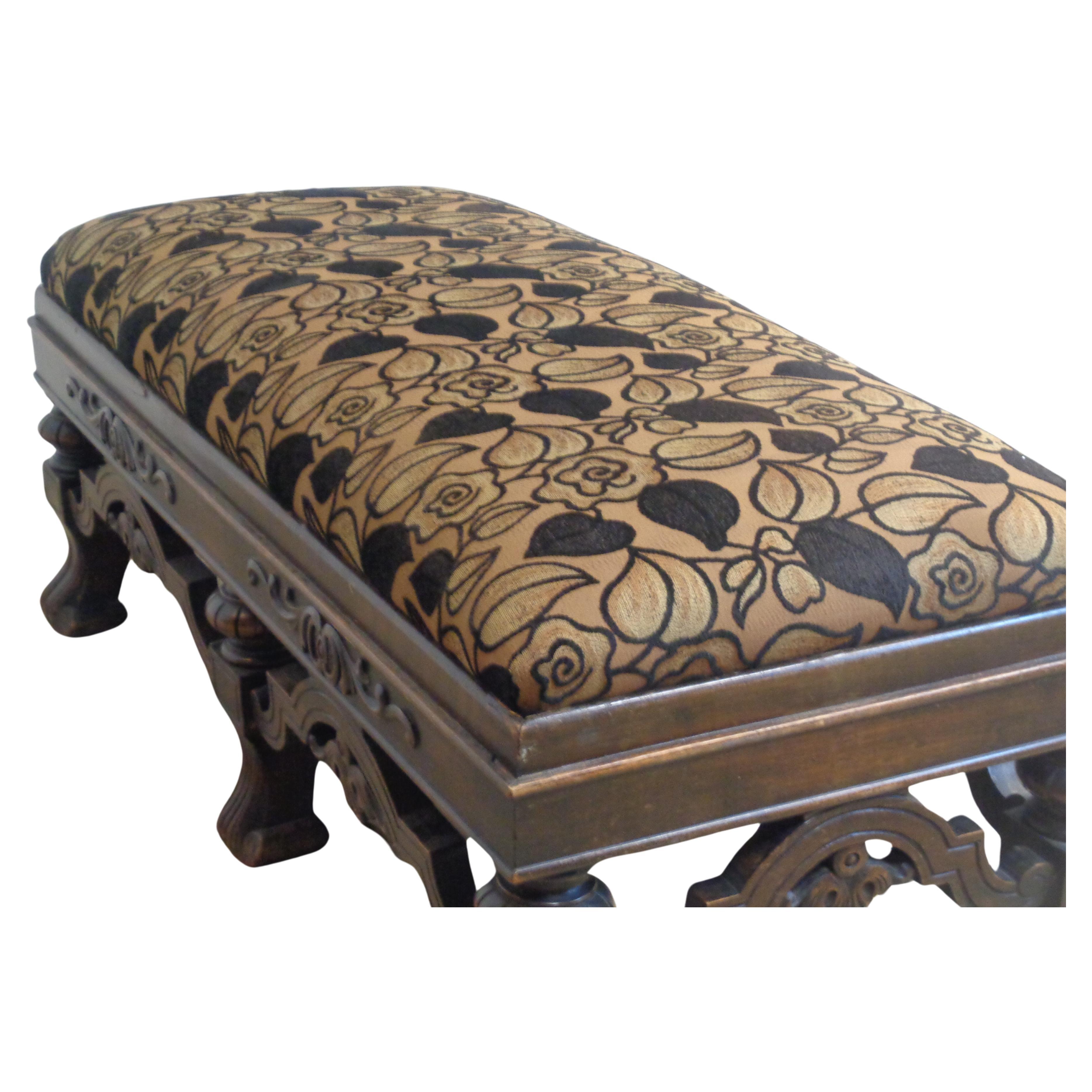 Antique Jacobean Style Carved Walnut Fireside Bench 2