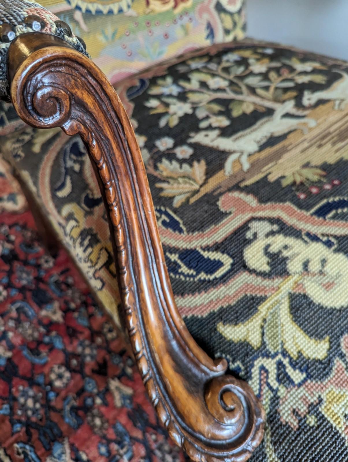 Antique Jacobean Style Needlepoint Tapestry Open Arm Chair with Carved Wood For Sale 3