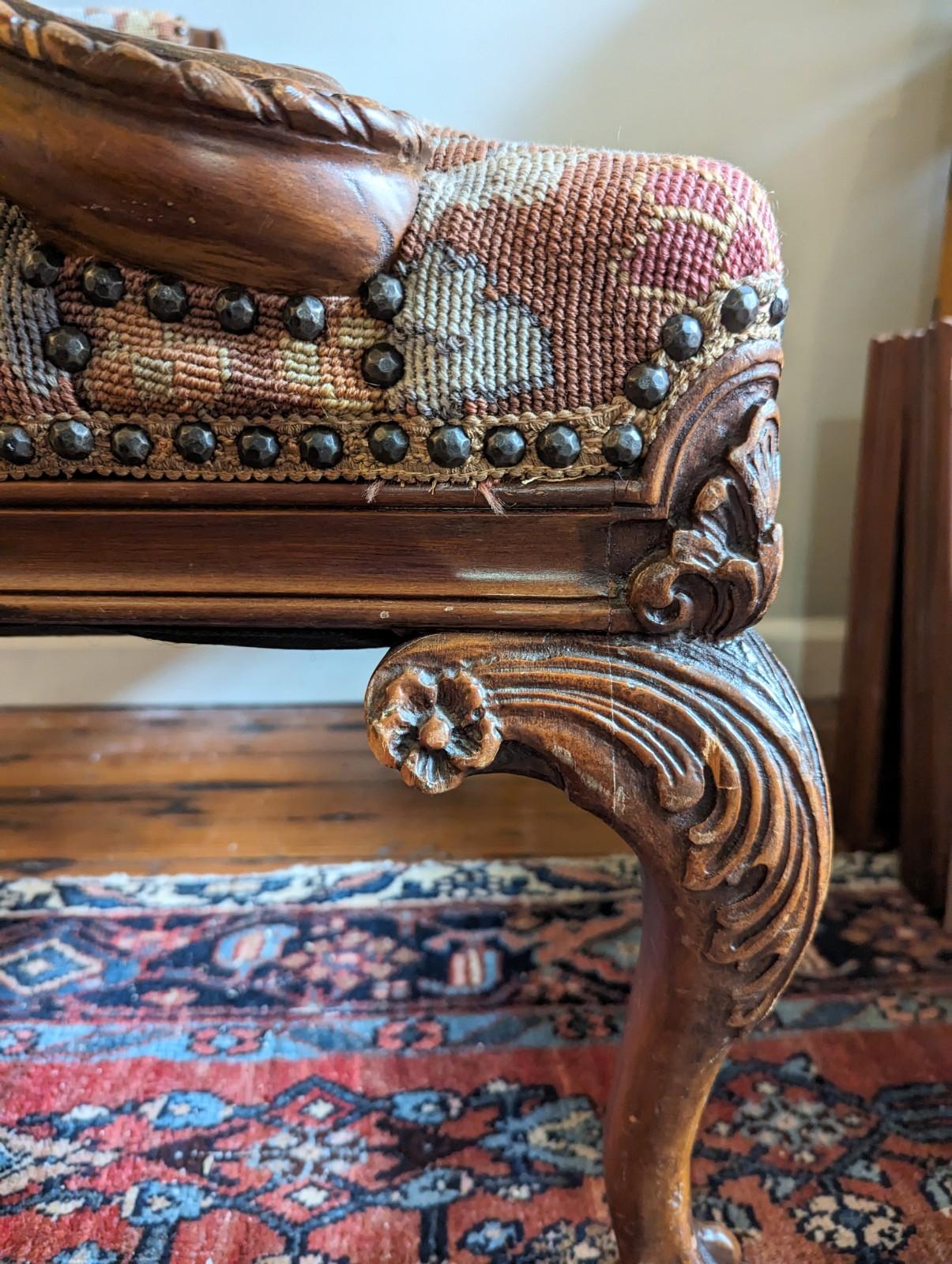 Antique Jacobean Style Needlepoint Tapestry Open Arm Chair with Carved Wood For Sale 4
