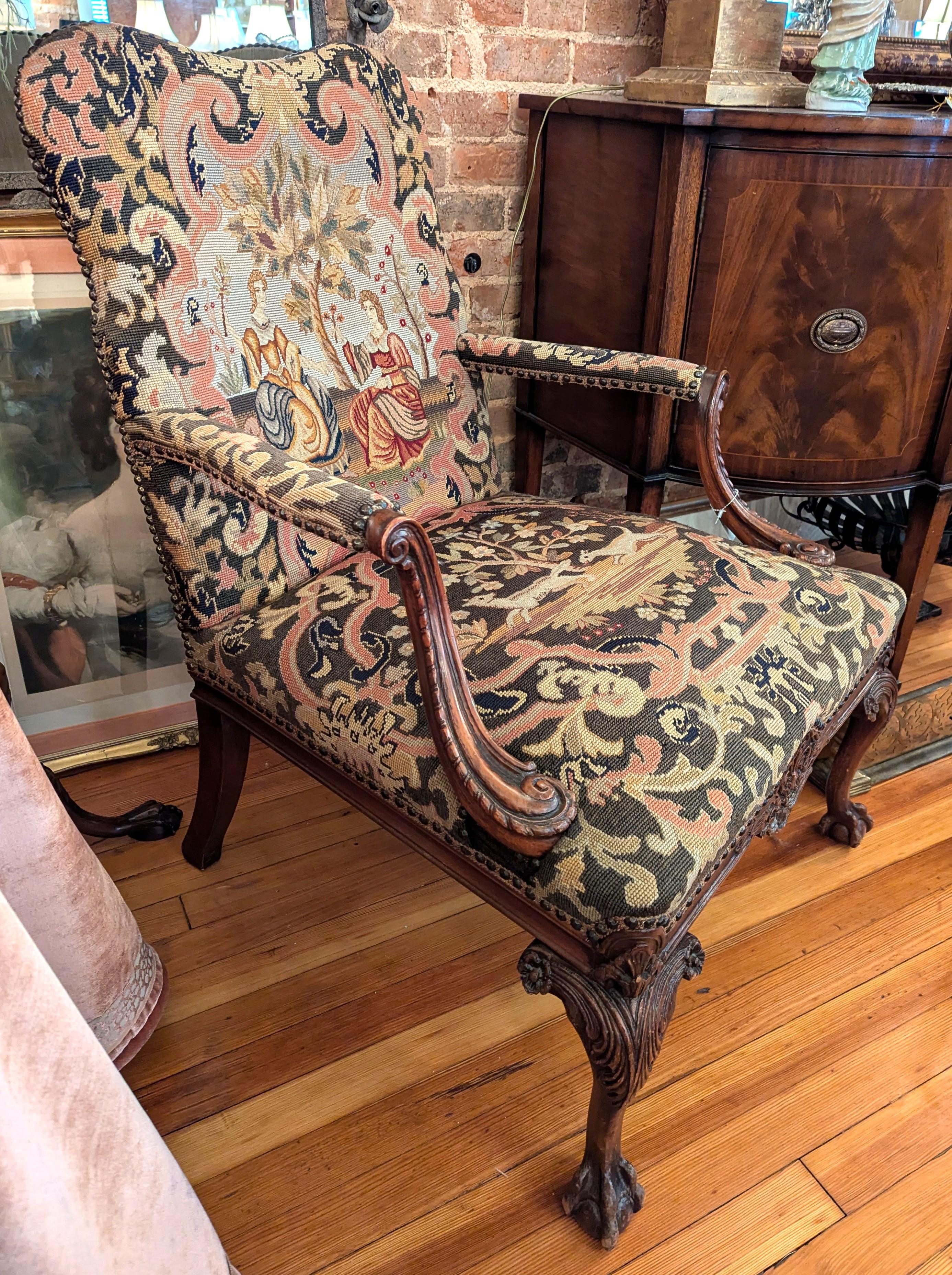 Antiker Jacobean Style Needlepoint Tapestry Open Arm Chair mit geschnitztem Holz im Angebot 5