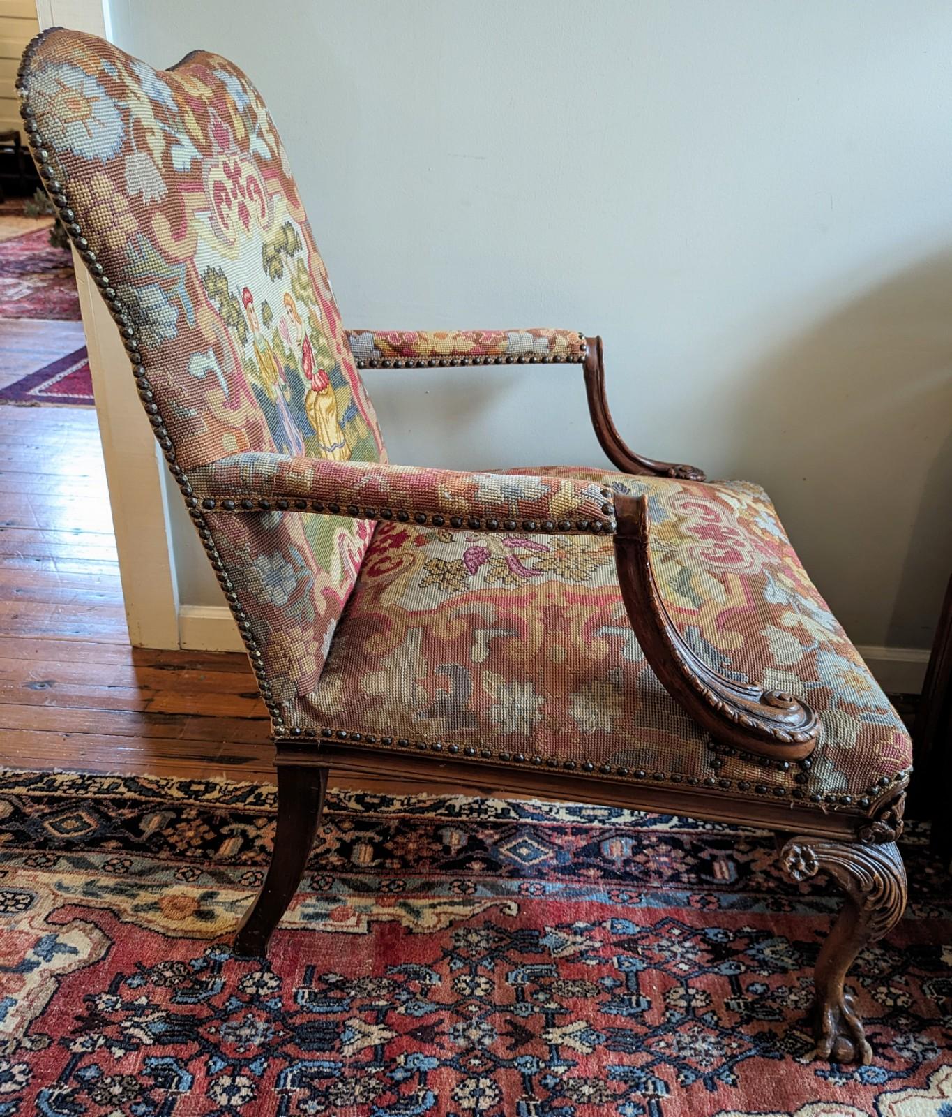 Antique Jacobean Style Needlepoint Tapestry Open Arm Chair with Carved Wood In Good Condition For Sale In Greer, SC
