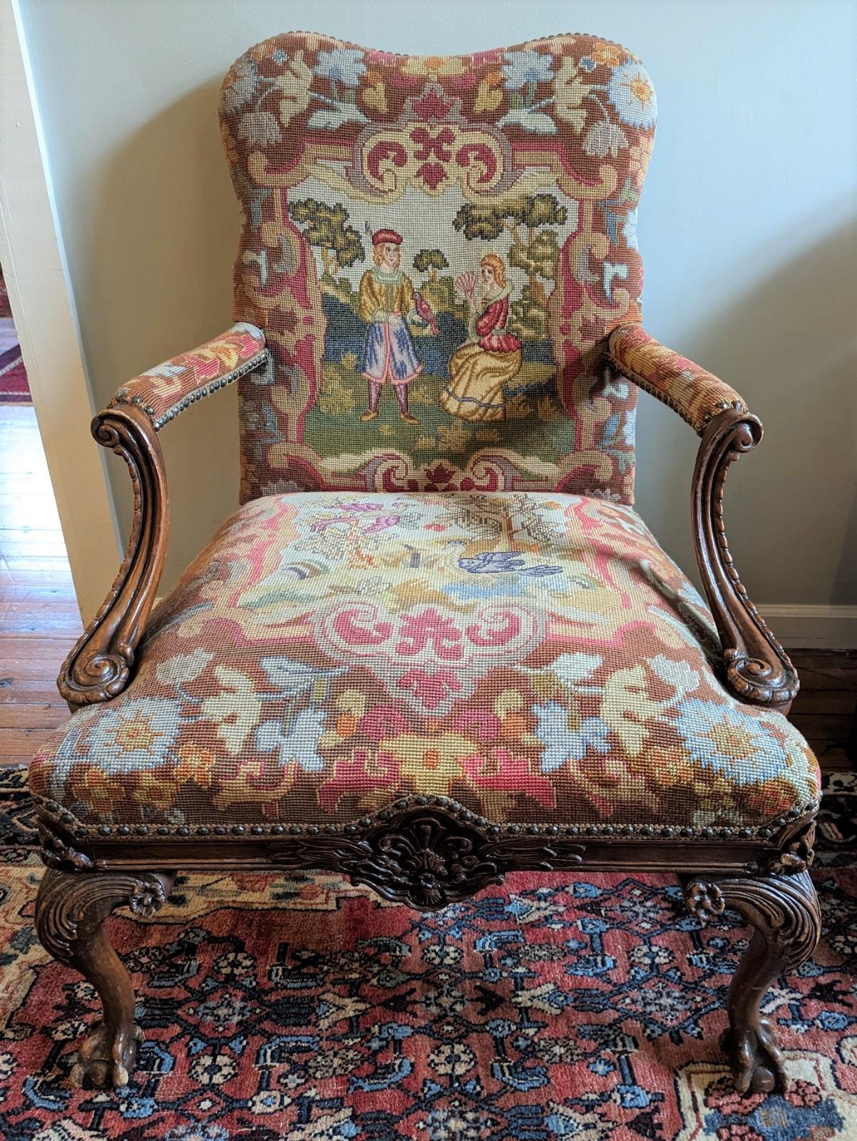 20th Century Antique Jacobean Style Needlepoint Tapestry Open Arm Chair with Carved Wood For Sale