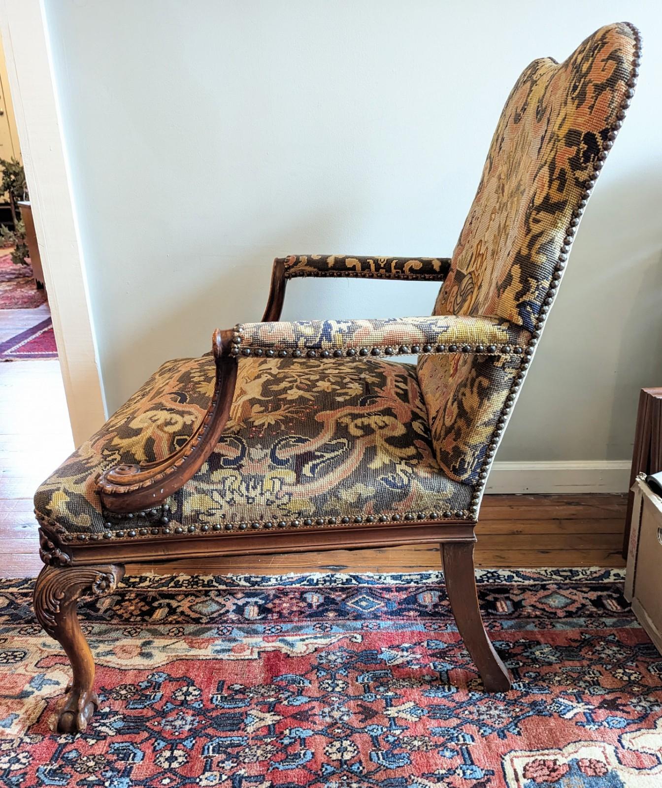 Metal Antique Jacobean Style Needlepoint Tapestry Open Arm Chair with Carved Wood For Sale